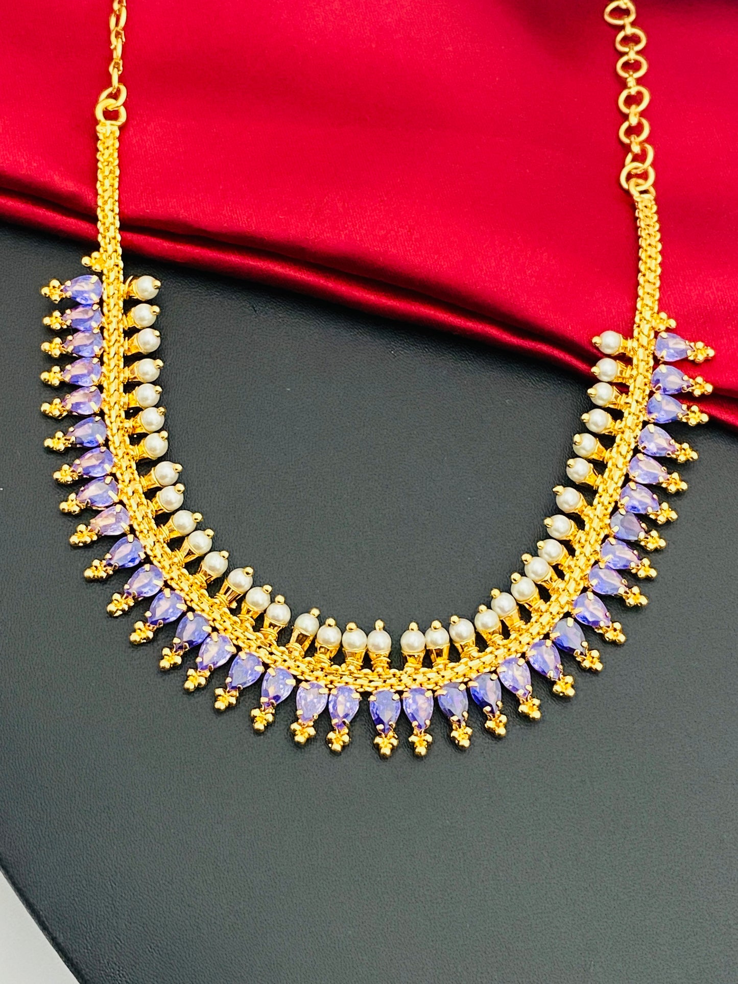 Lovely Violet Colored Gold Plated Necklace With Pearl Beaded For Women