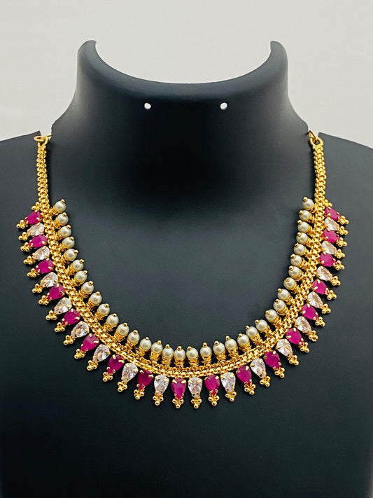 Elegant Gold Plated White With Pink Stoned Choker For Women