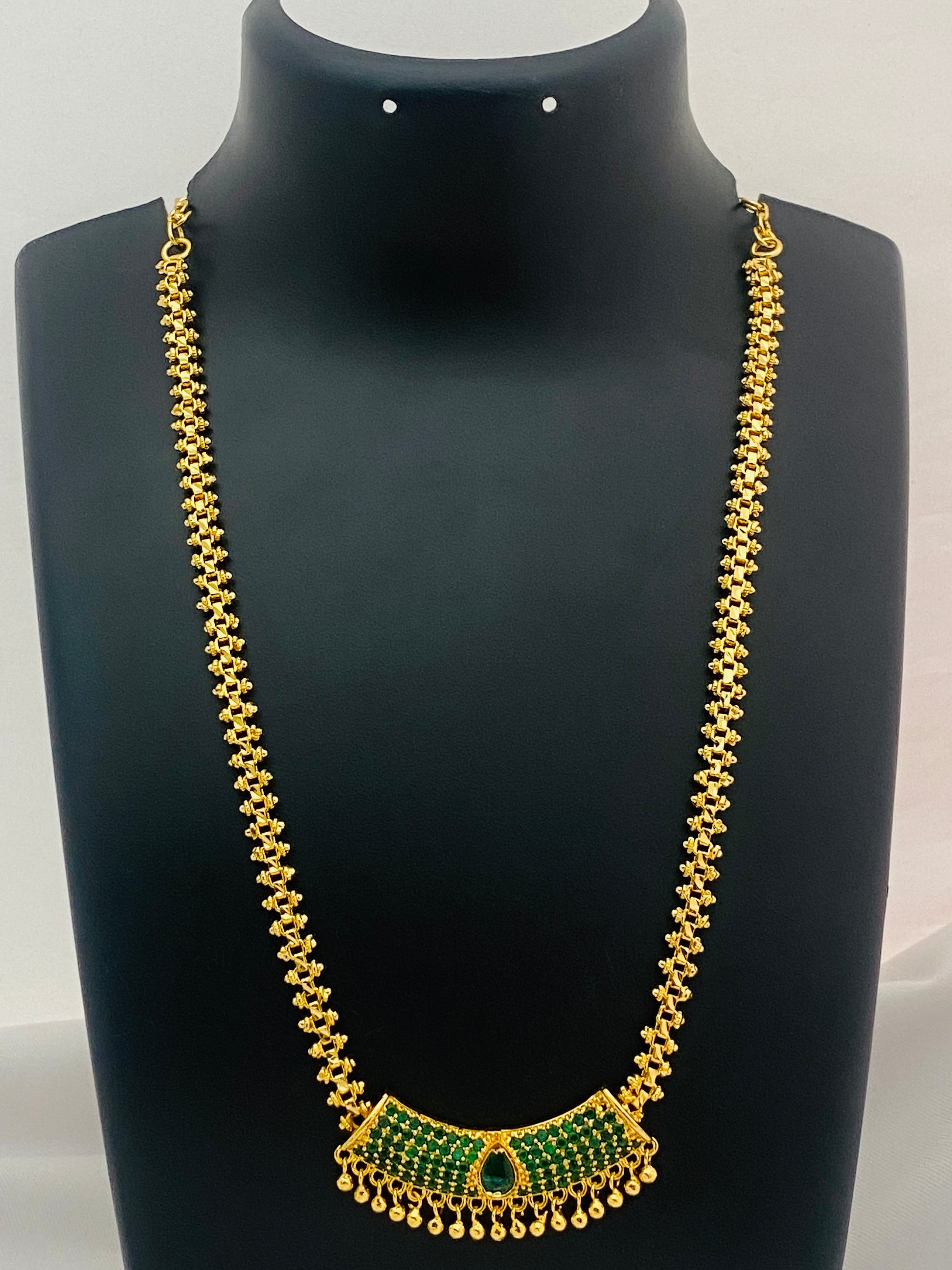 Attractive Gold Plated Green Color Stoned Long Chain With Pendant