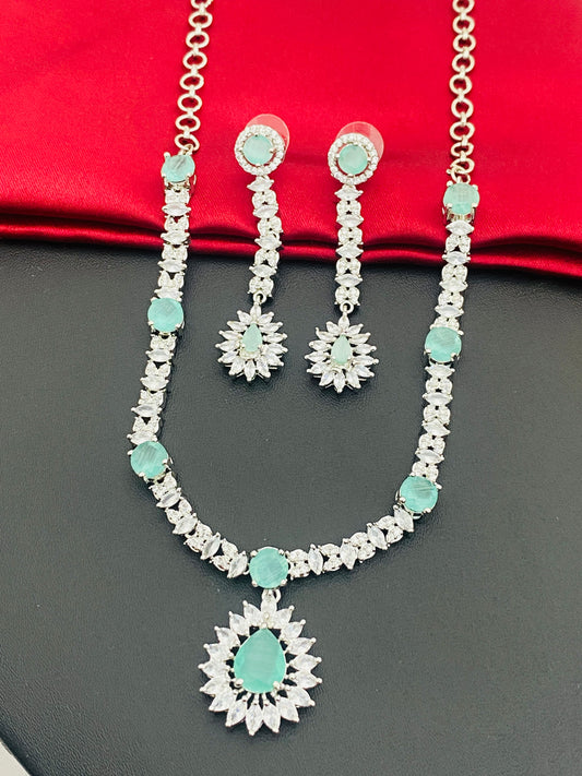 Charming Sea Green Color CZ Stoned American Diamond Necklace With Earring Set For Women