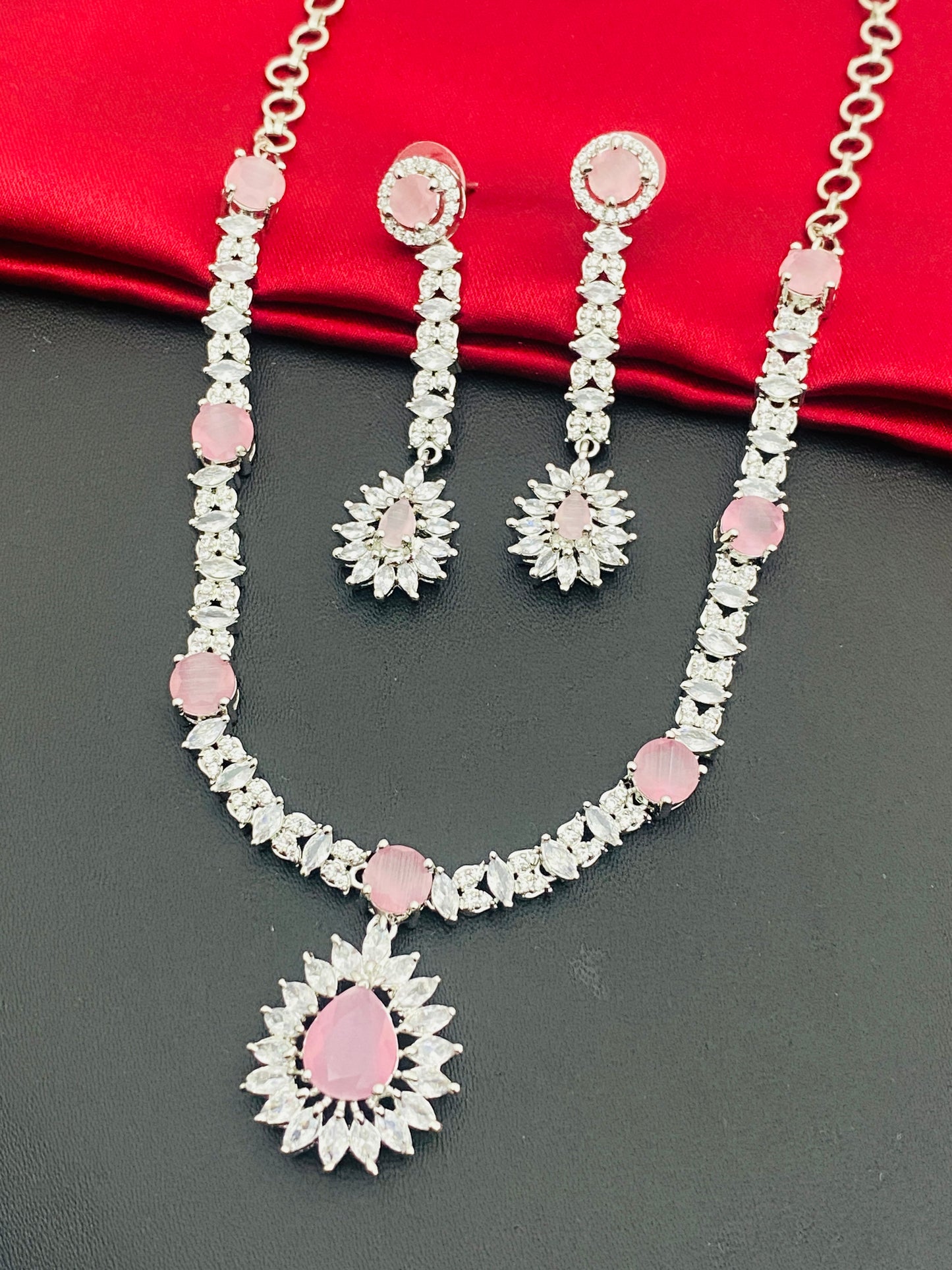Appealing American Diamond Light Pink And White Stoned Necklace With Floral Designed Pendant