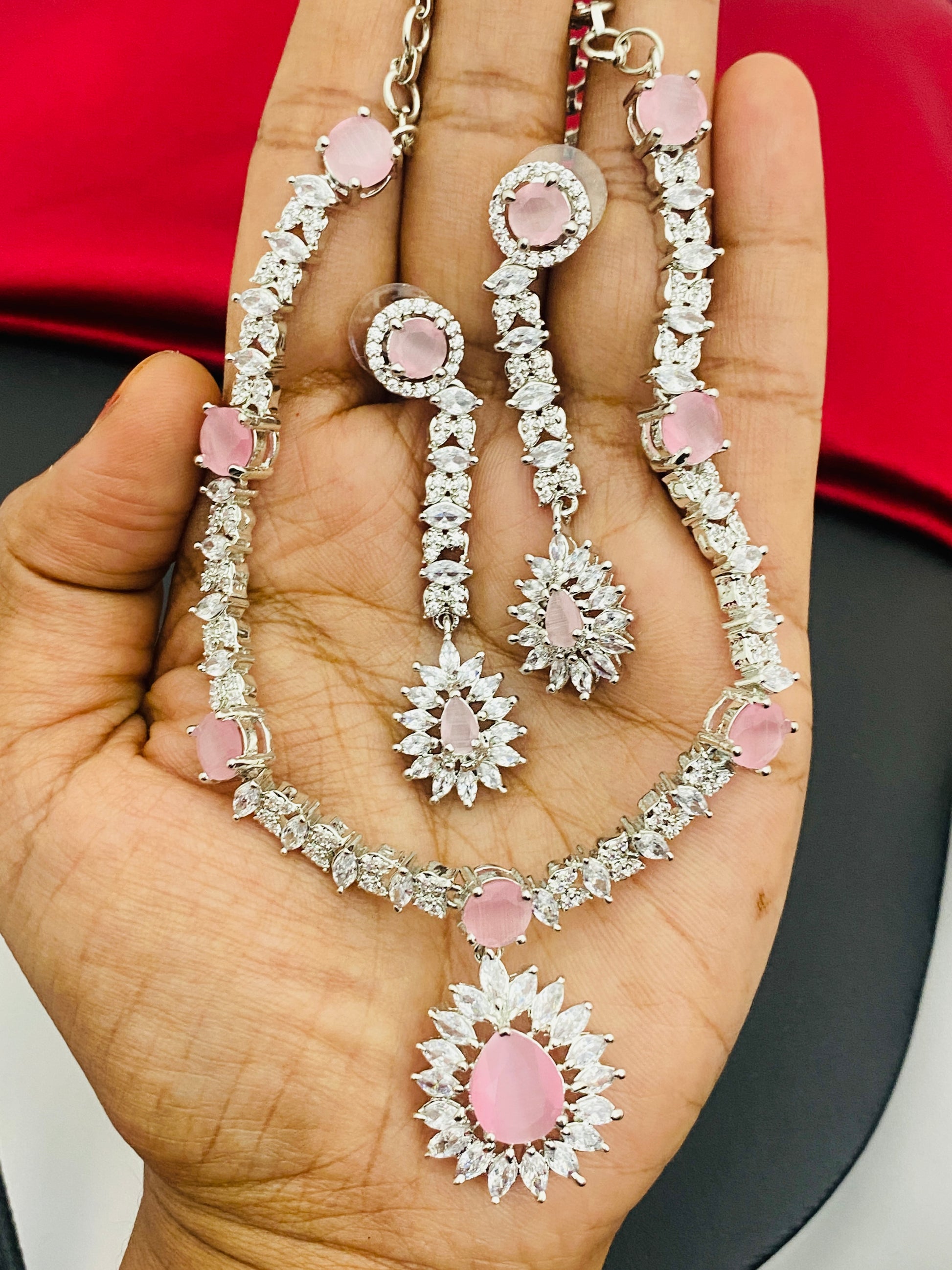 American Diamond Light Pink And White Stoned Necklace With Floral Designed Pendant In Tempe