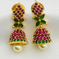 Lovely Ruby And Emerald Stone Jhumka Earrings With Pearl Drops