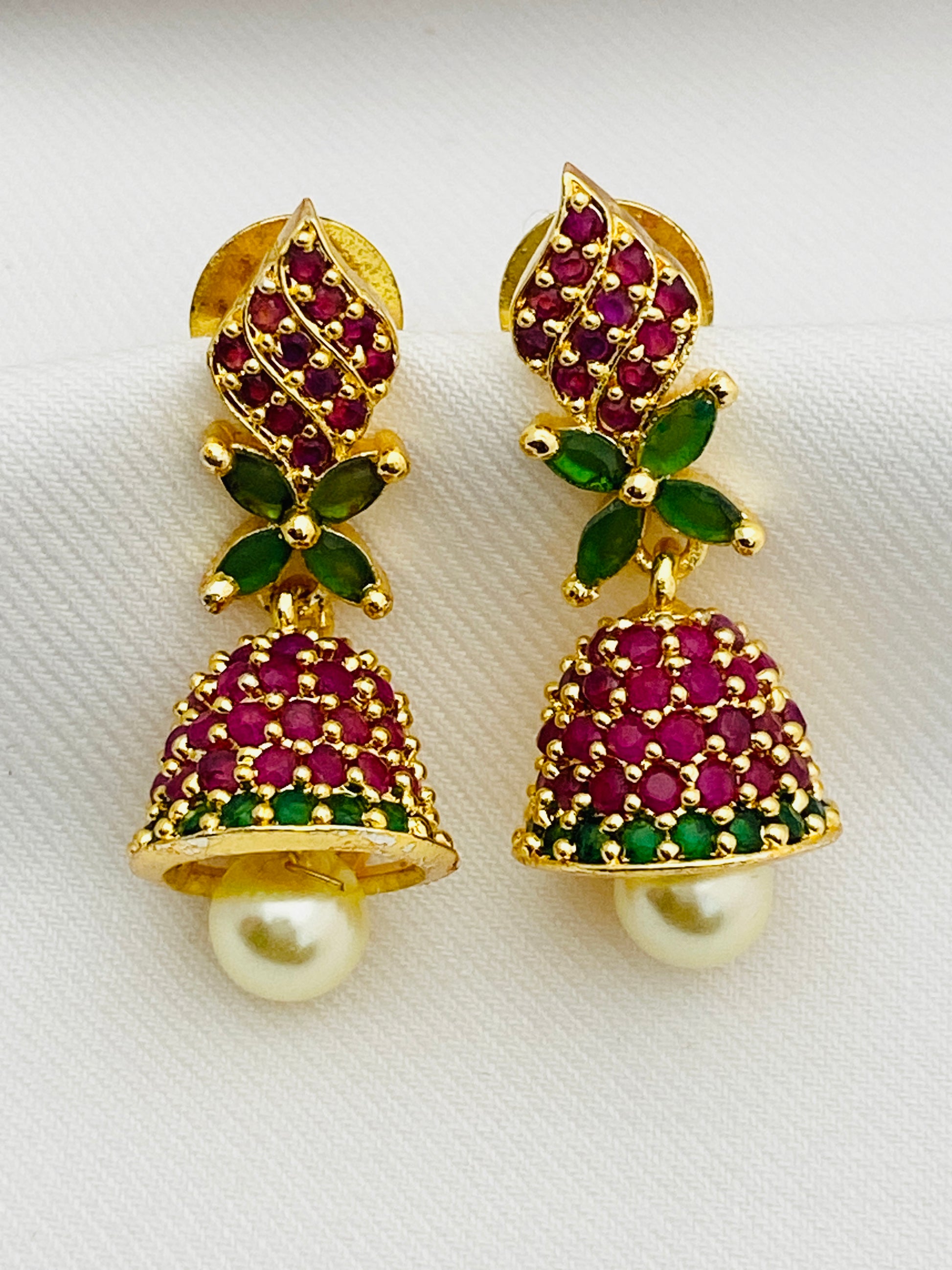 Lovely Ruby And Emerald Stone Jhumka Earrings With Pearl Drops
