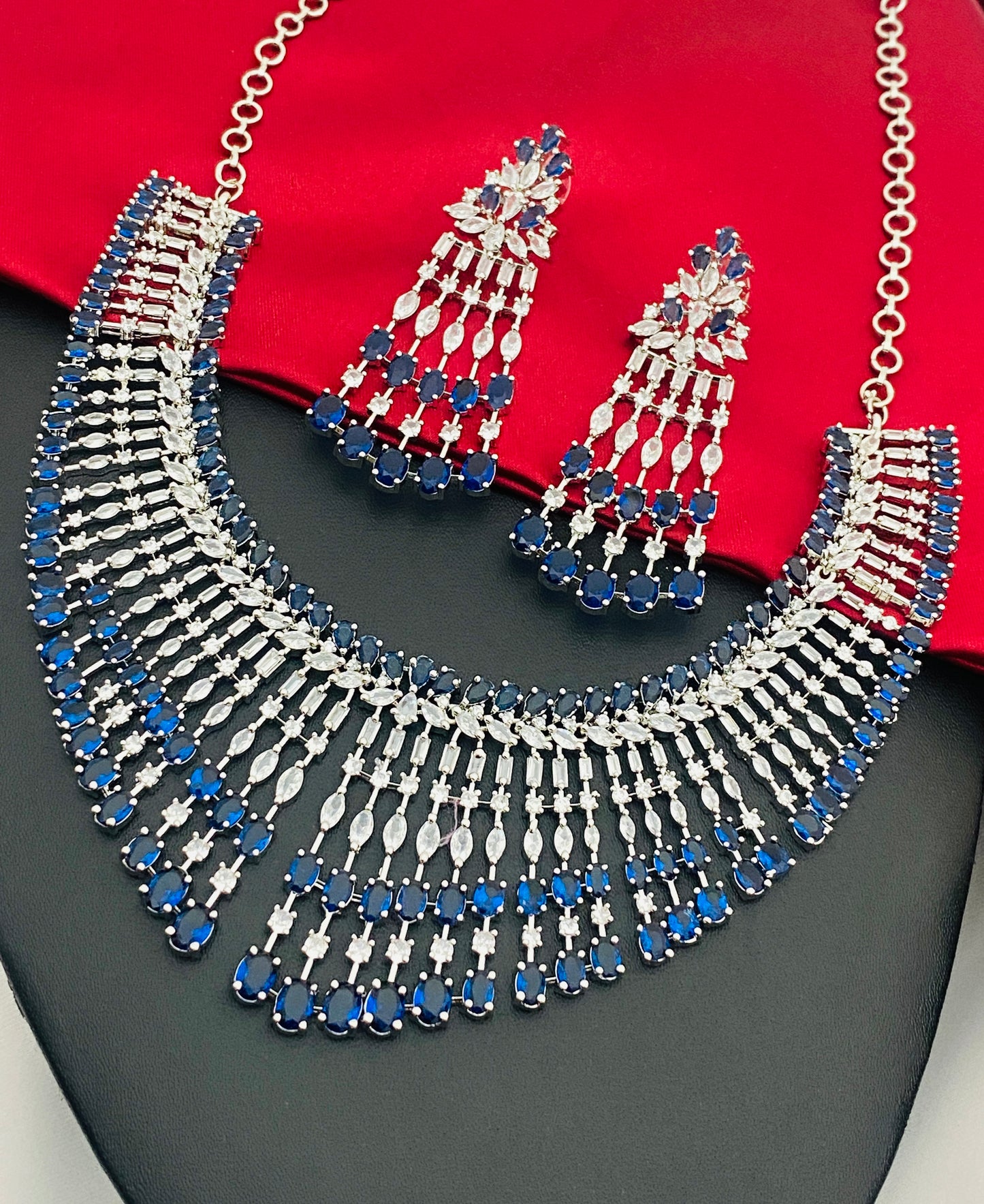 Dazzling Blue Color Rhodium Plated & AD Necklace Near Me