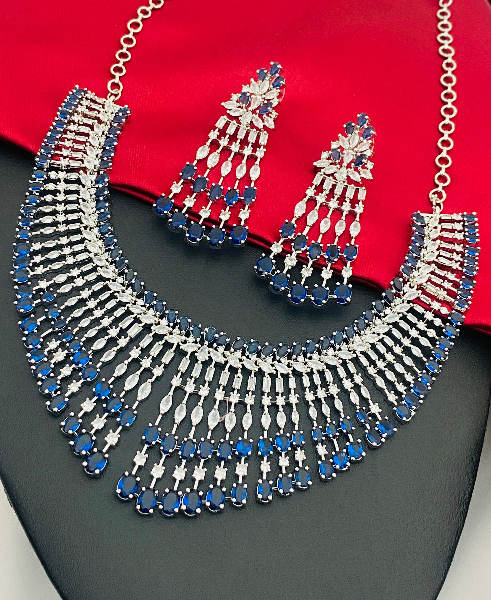 Dazzling Blue Color Rhodium Plated & AD Necklace Near Me