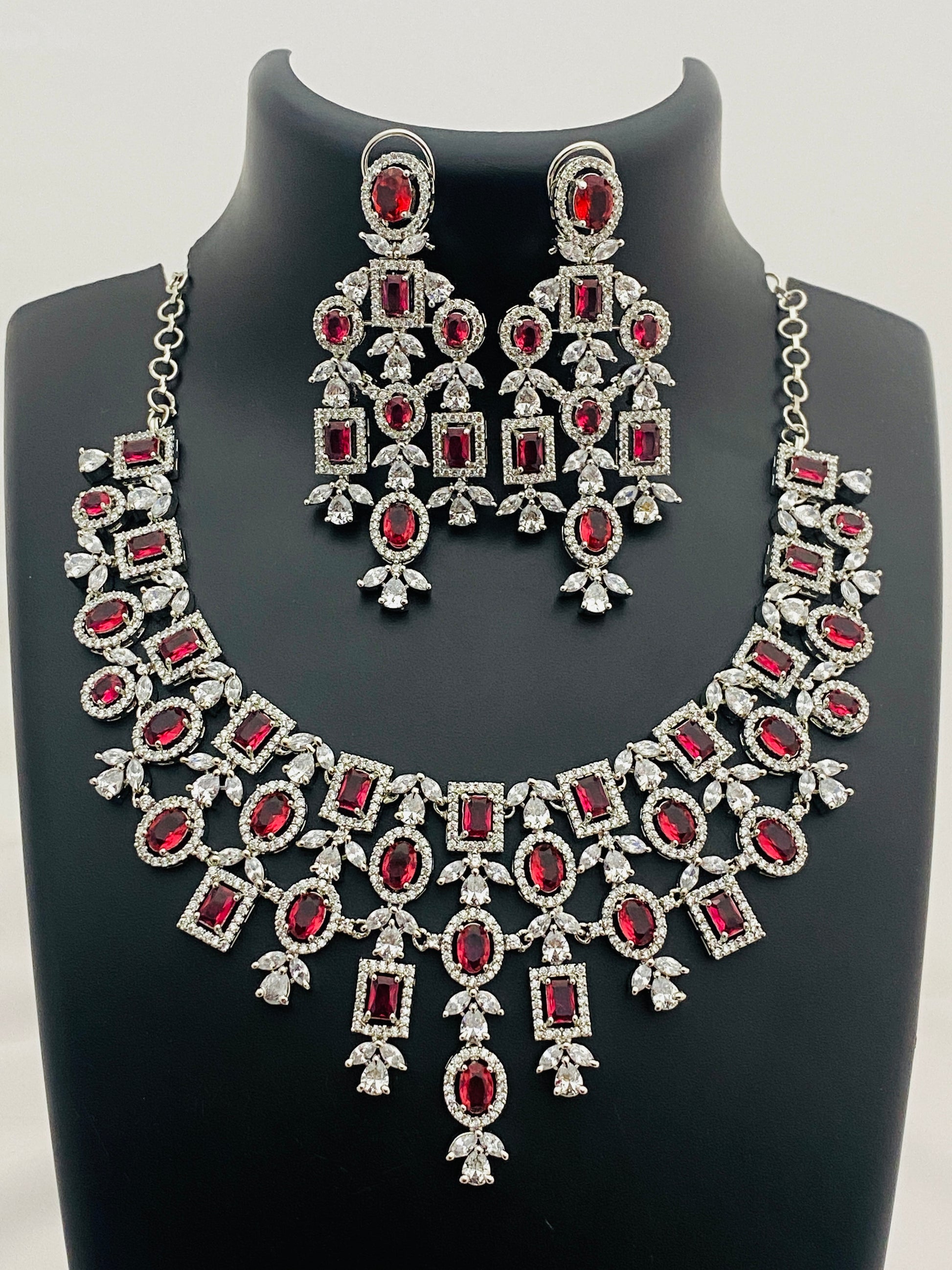 Gorgeous American Diamond Red With Silver Stoned Bridal Wear Necklace Sets