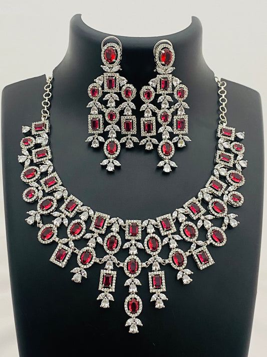 Gorgeous American Diamond Red With Silver Stoned Bridal Wear Necklace Sets