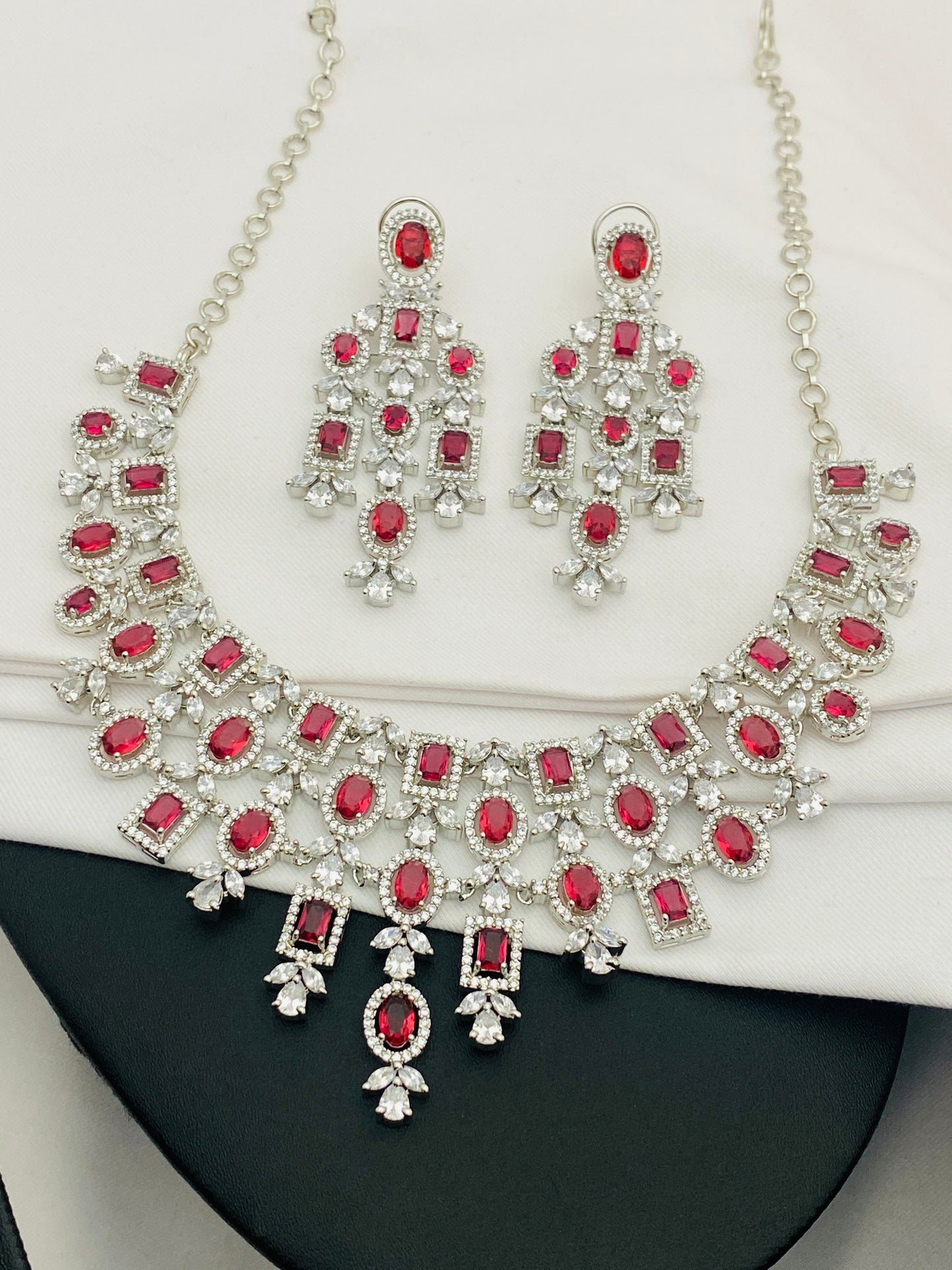Gorgeous American Diamond Red With Silver Necklace Near Me