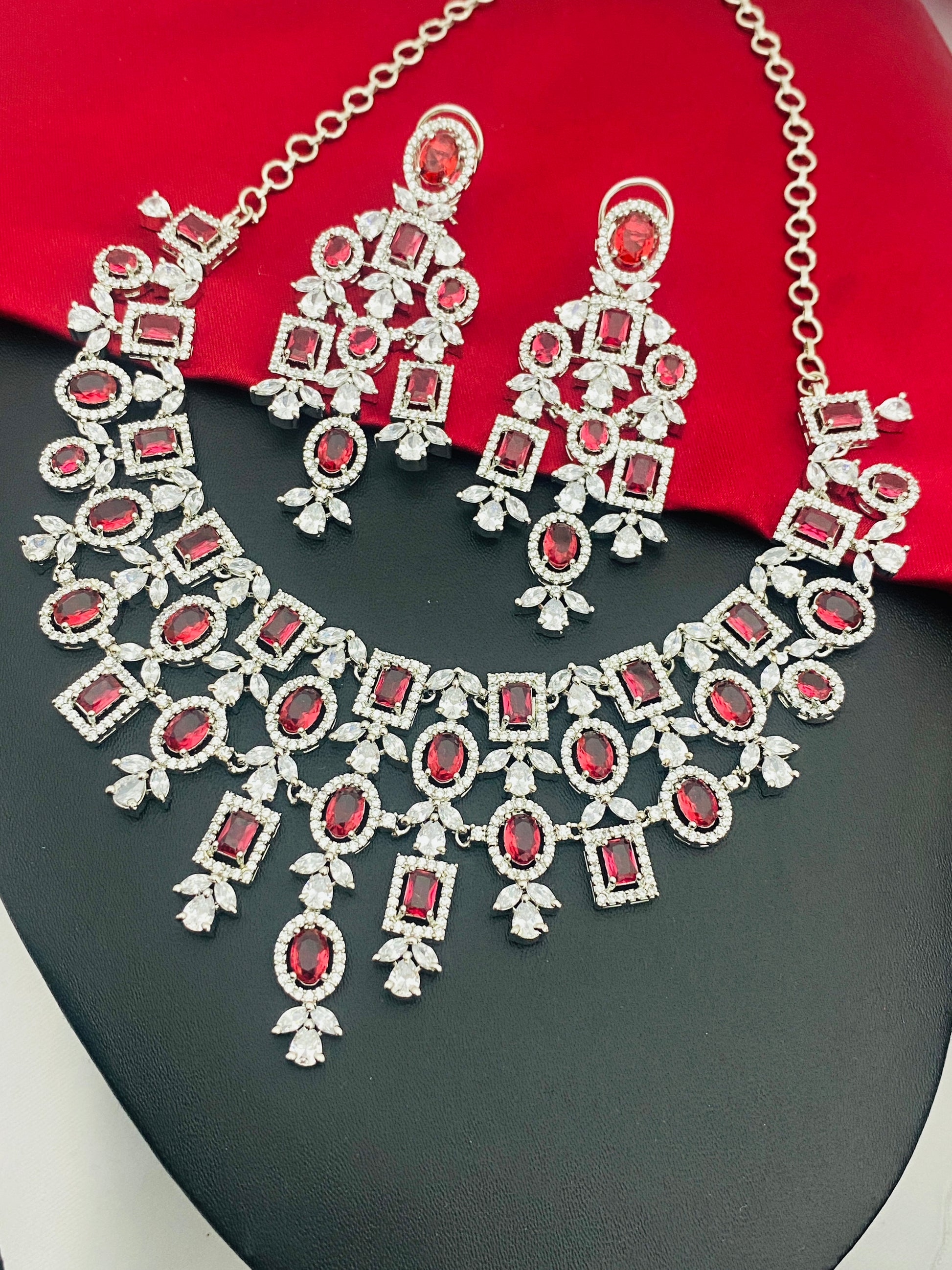 Red With Silver Stoned Bridal Wear Necklace Sets In USA