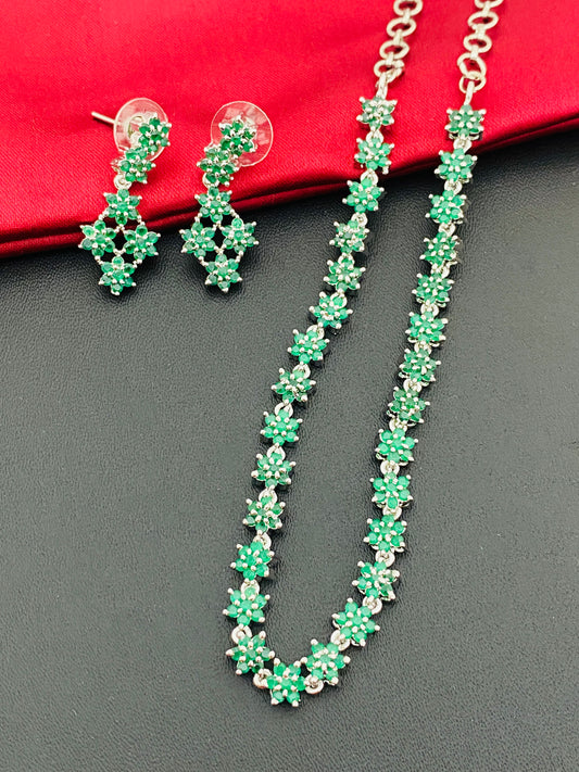 Attractive Green Color Premium American Diamond Necklace Set For Women