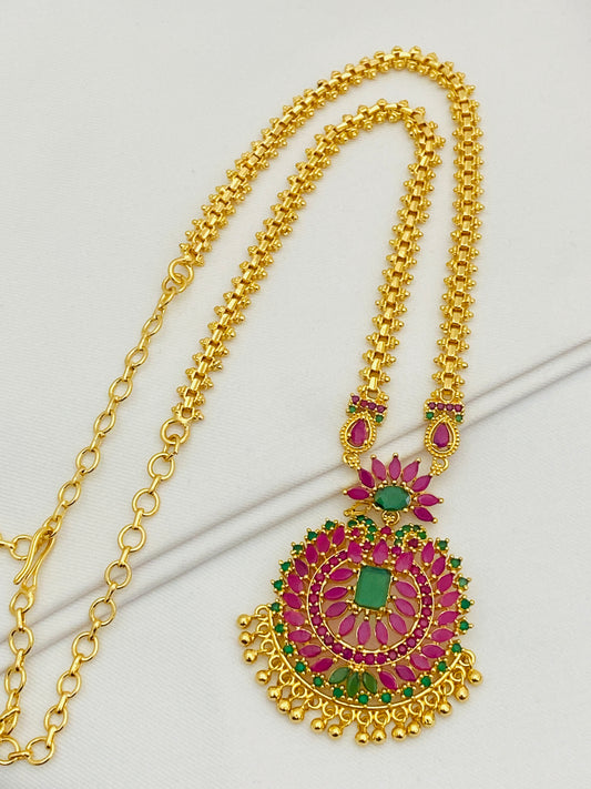 Dazzling Designer Gold Plated Premium Quality Ruby And Emerald Stone Long Chain