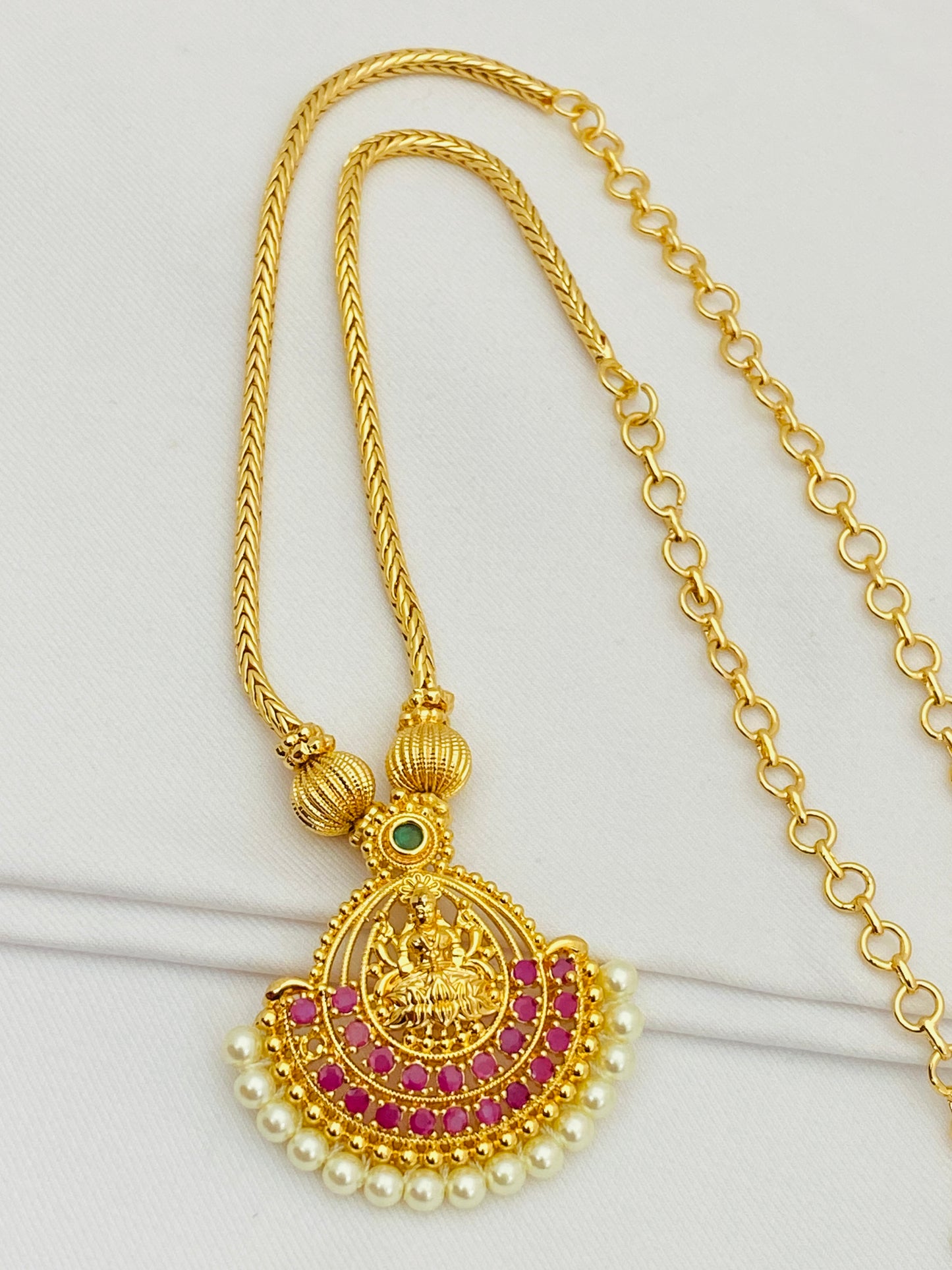 Lovely Multi Colored Long Chain With Pearls And Lakshmi Pendant