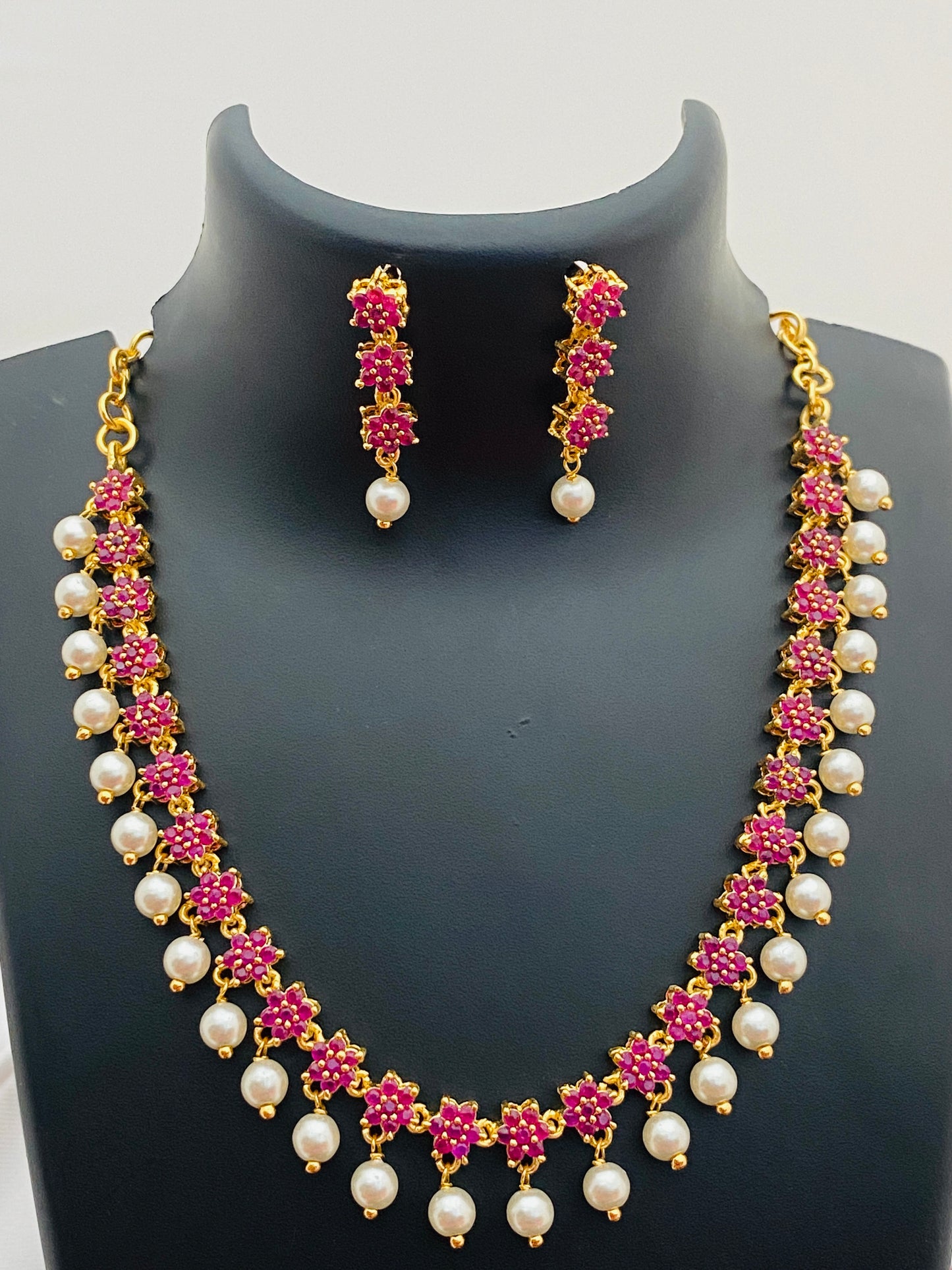 Beautiful Ruby Stoned Pearls Shinning Necklace And Earrings for Women