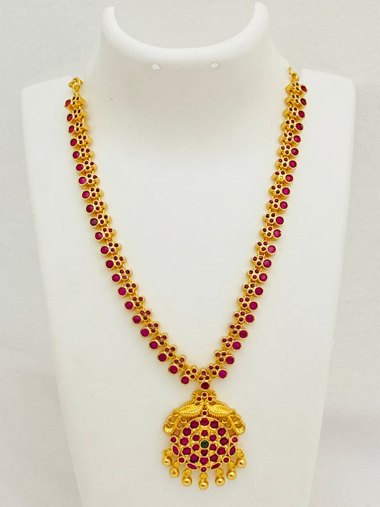 Attractive Gold Plated Ruby Color Stoned Long Chain