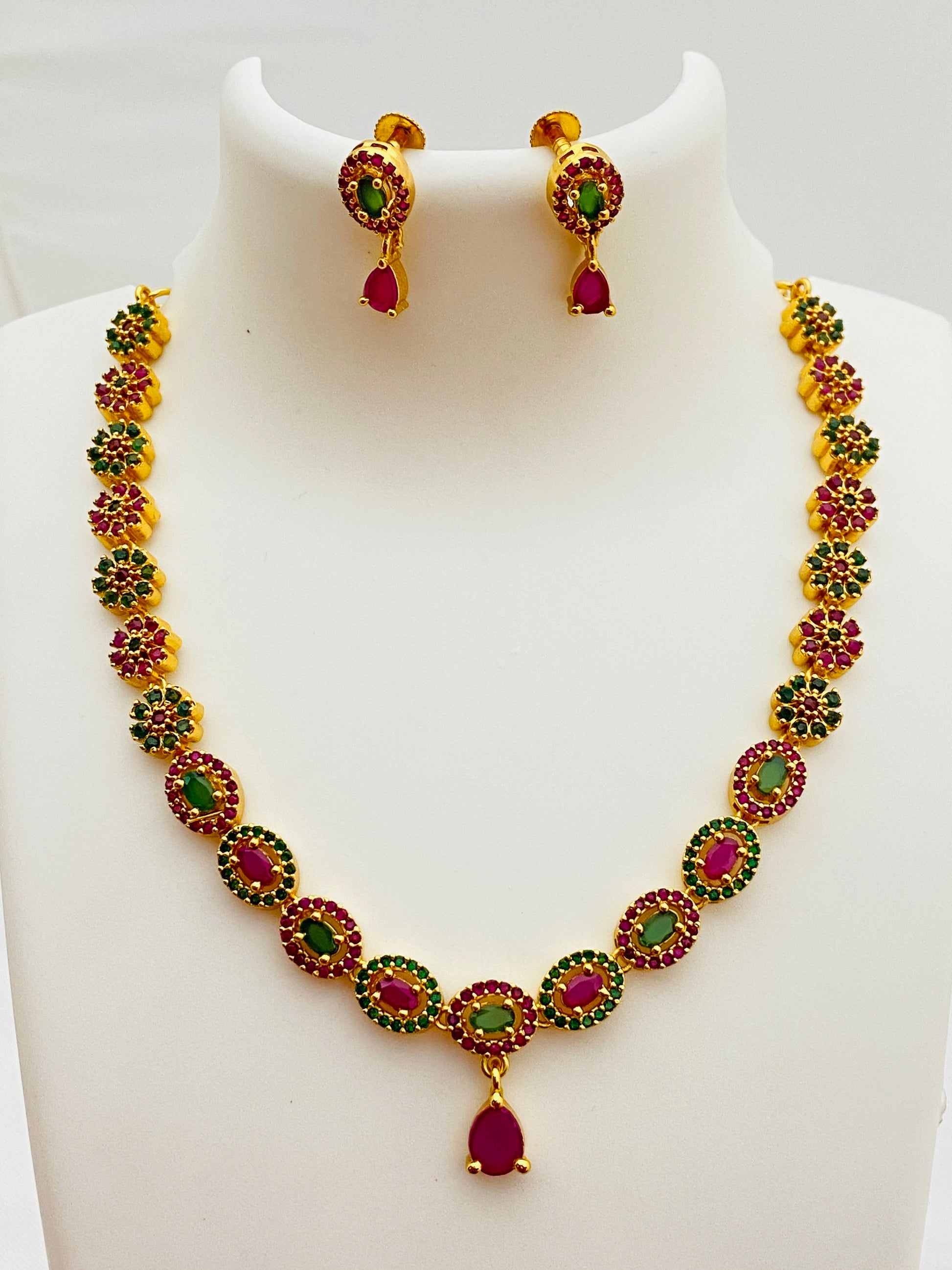 Elegant Alloy Brass Multi Color Stone Gold Plated Necklace With Earring Sets