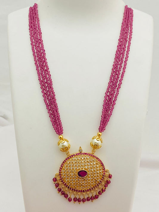 Beautiful Ruby Stoned Designer Necklace With Pearl Beaded Pendant