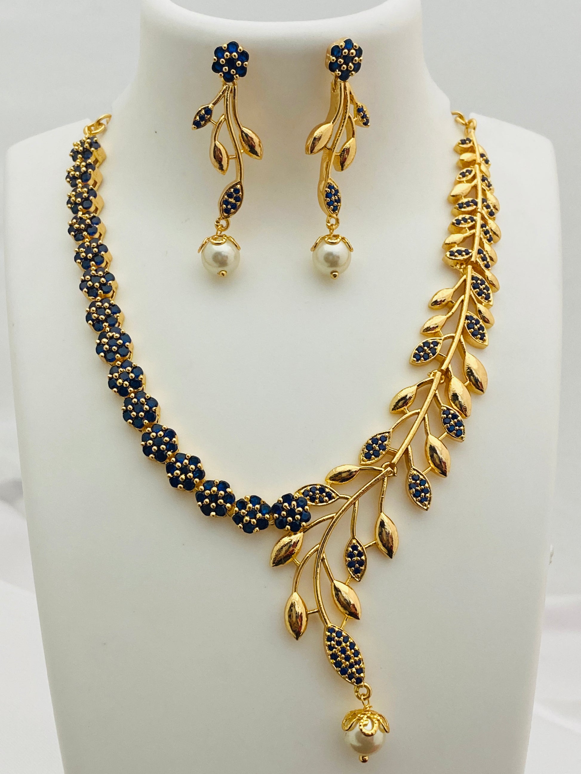 Stunning Blue Color Gold Plated AD Stoned Necklace Near Me