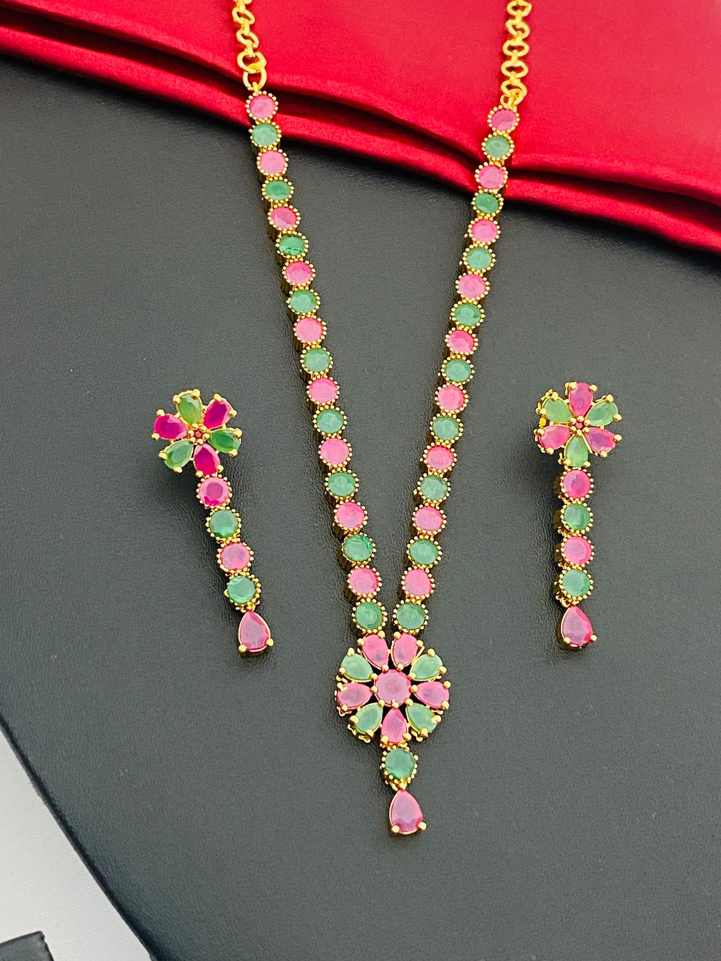 Ruby Stone Studded Floral Shaped Necklace With Earrings In USA