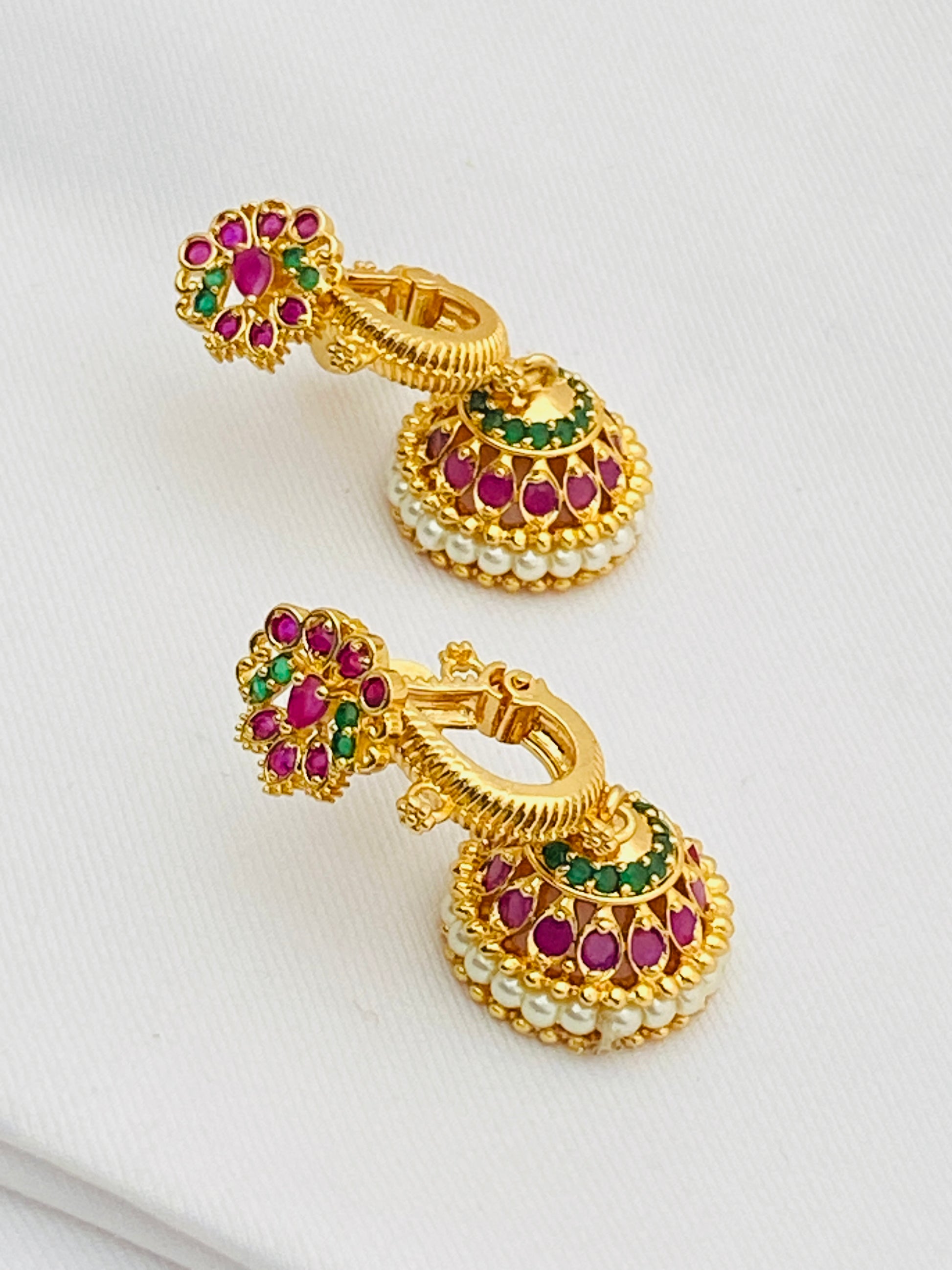 Elegant Ruby Tone Emerald Jhumka Earrings