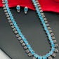 Trendy Sky Blue Rectangle Stone With Floral Designed Silver Plated Oxidized Necklace Set With Earrings