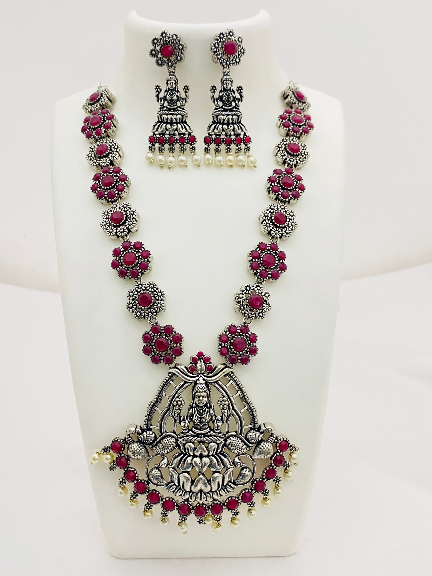 Stone Studded Goddess Lakshmi Pendant Necklace Set With Earrings in Happy Jack