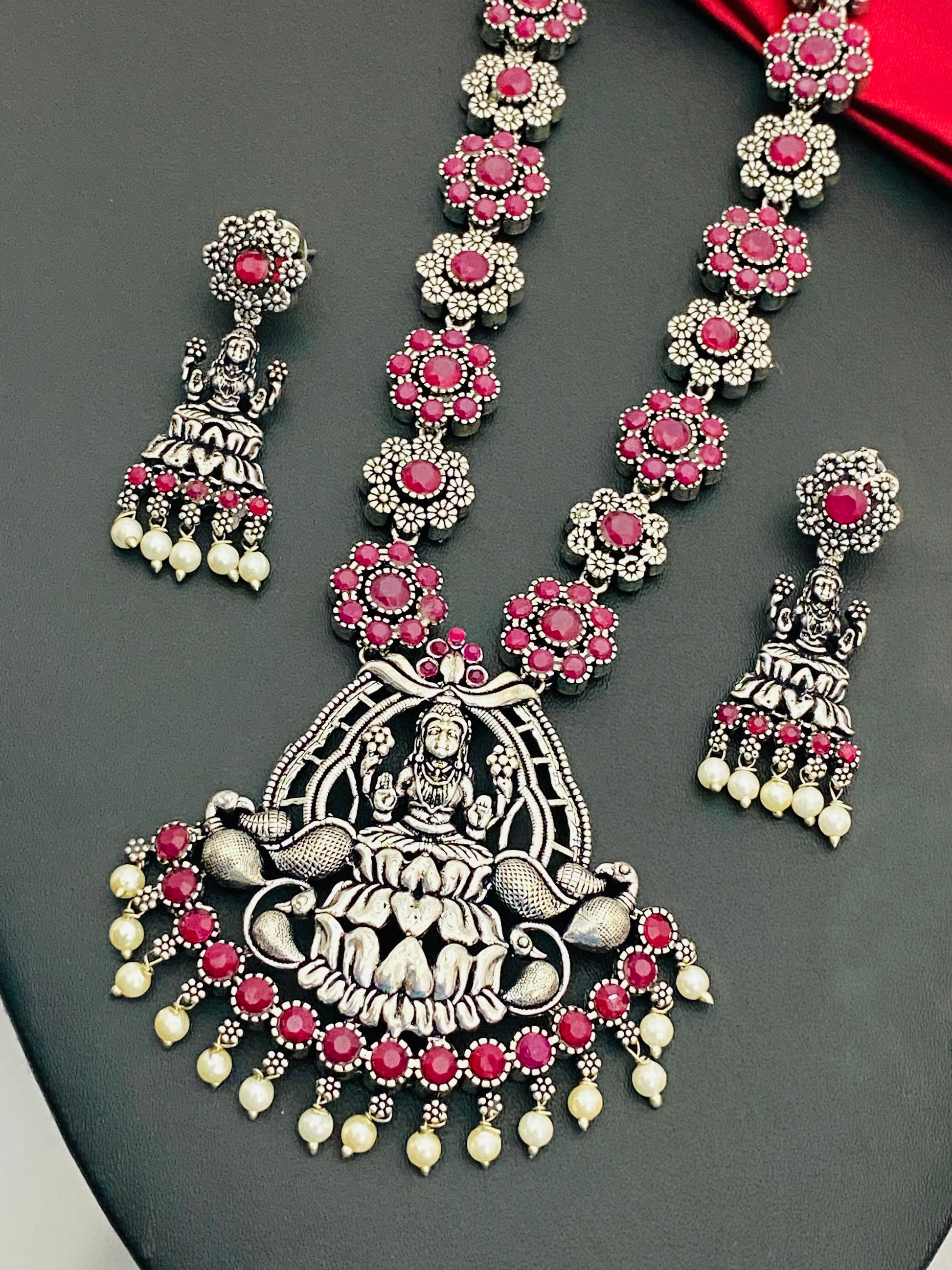 Premium Temple Design Stone Studded Goddess Lakshmi Pendant Necklace Set With Earrings