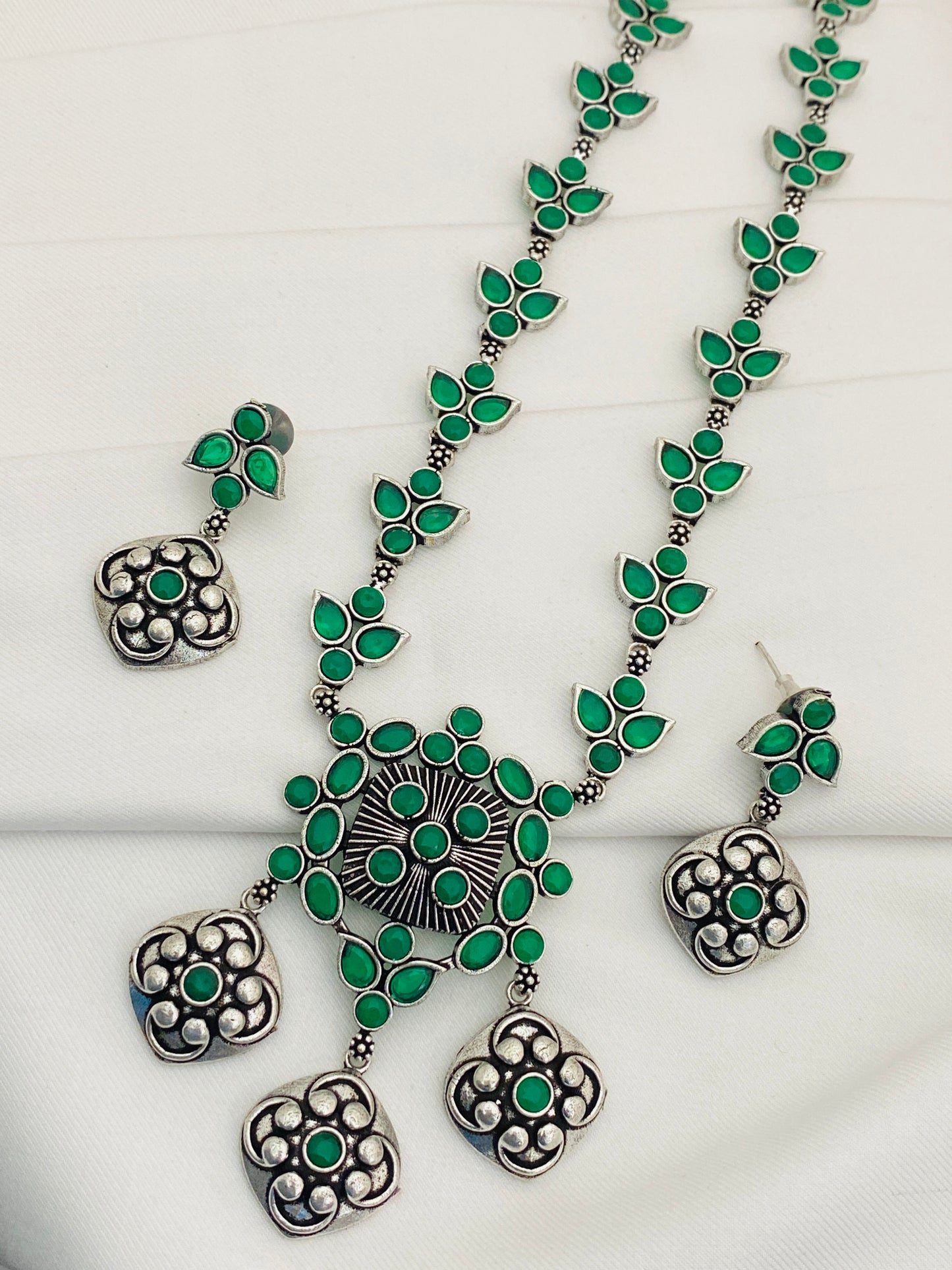 Emerald Stone Beaded German Silver Plated Designer Oxidized Necklace Set With Matching Earrings Near Me