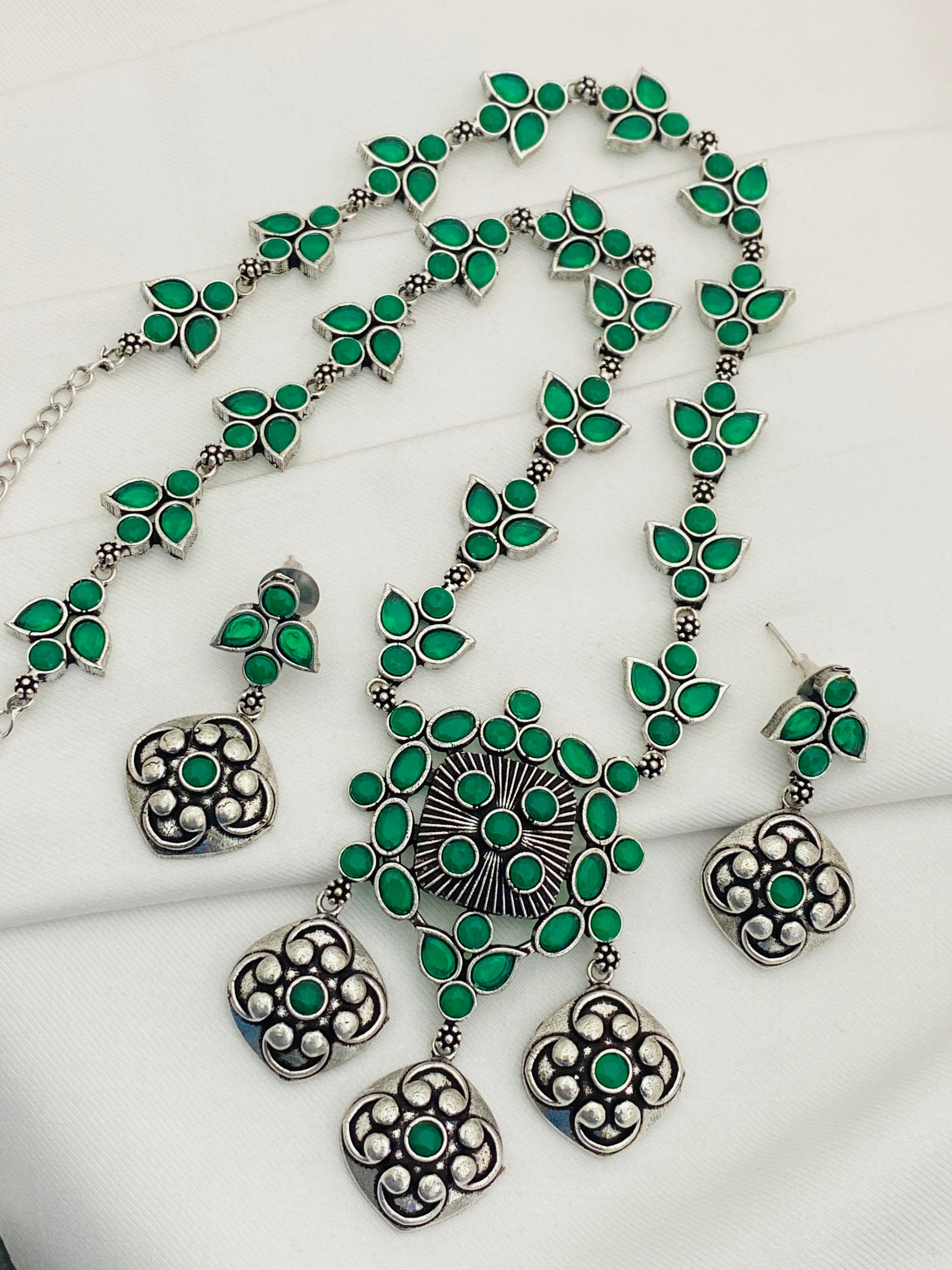 Appealing Emerald Stone Beaded German Silver Plated Designer Oxidized Necklace Set With Matching Earrings