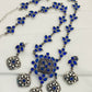Attractive Blue Stone Beaded Floral Art Work Design Oxidized Silver Plated Necklace Set With Earrings