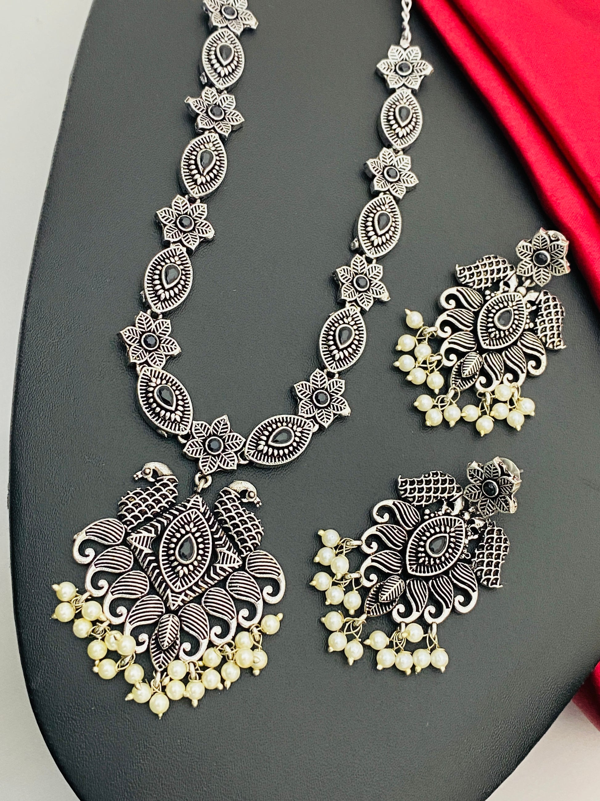 Black Stone Studded Oxidized Necklace Set With Earrings in Tempe