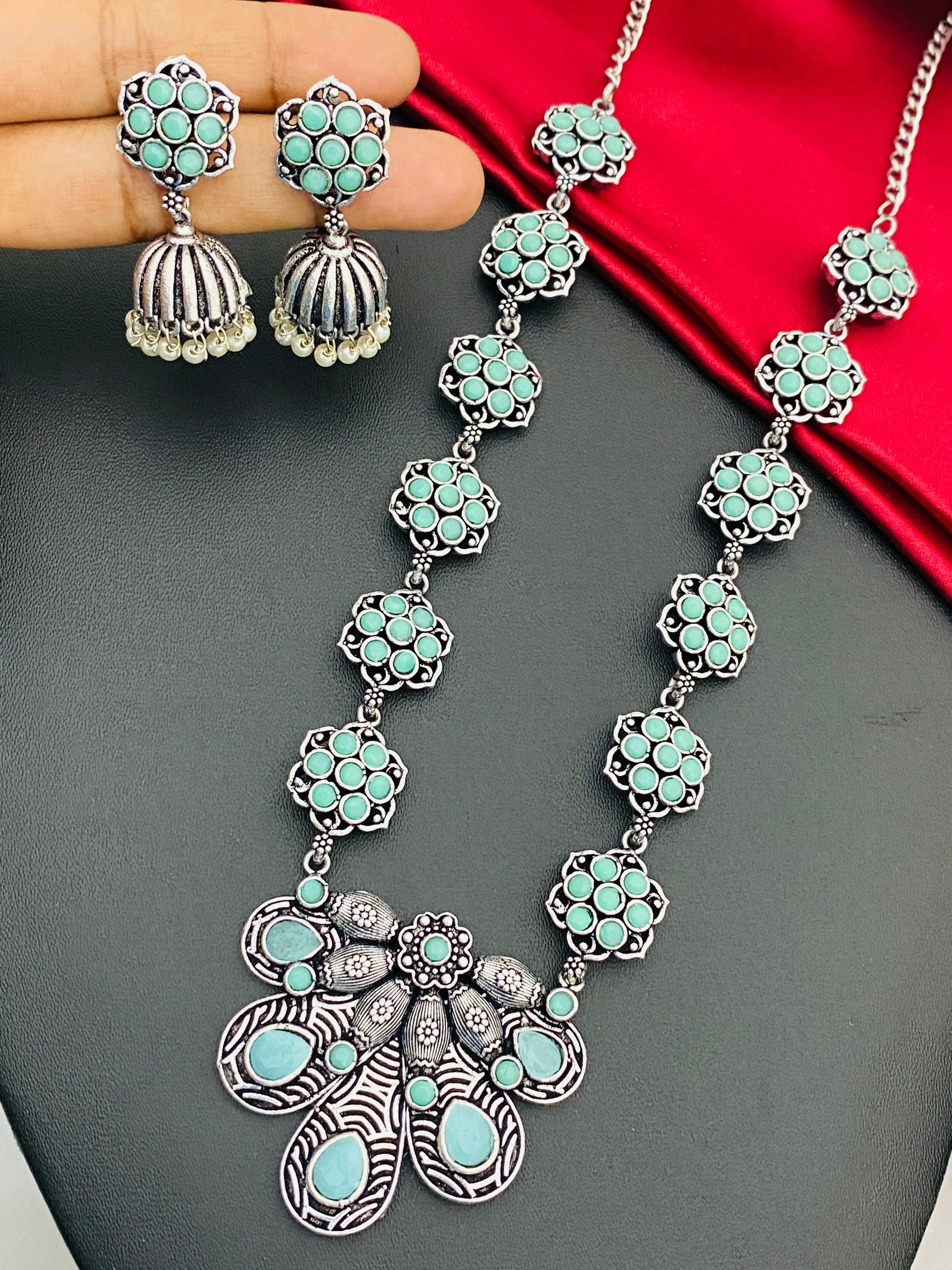 Pastel Green Stone Beaded Floral Designed Silver Toned Oxidized Necklace With Jhumka Earrings Near Me