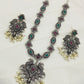 Multi Color Stone Studded Peacock Floral Designed Silver Toned Oxidized Necklace With Earrings in Yuma