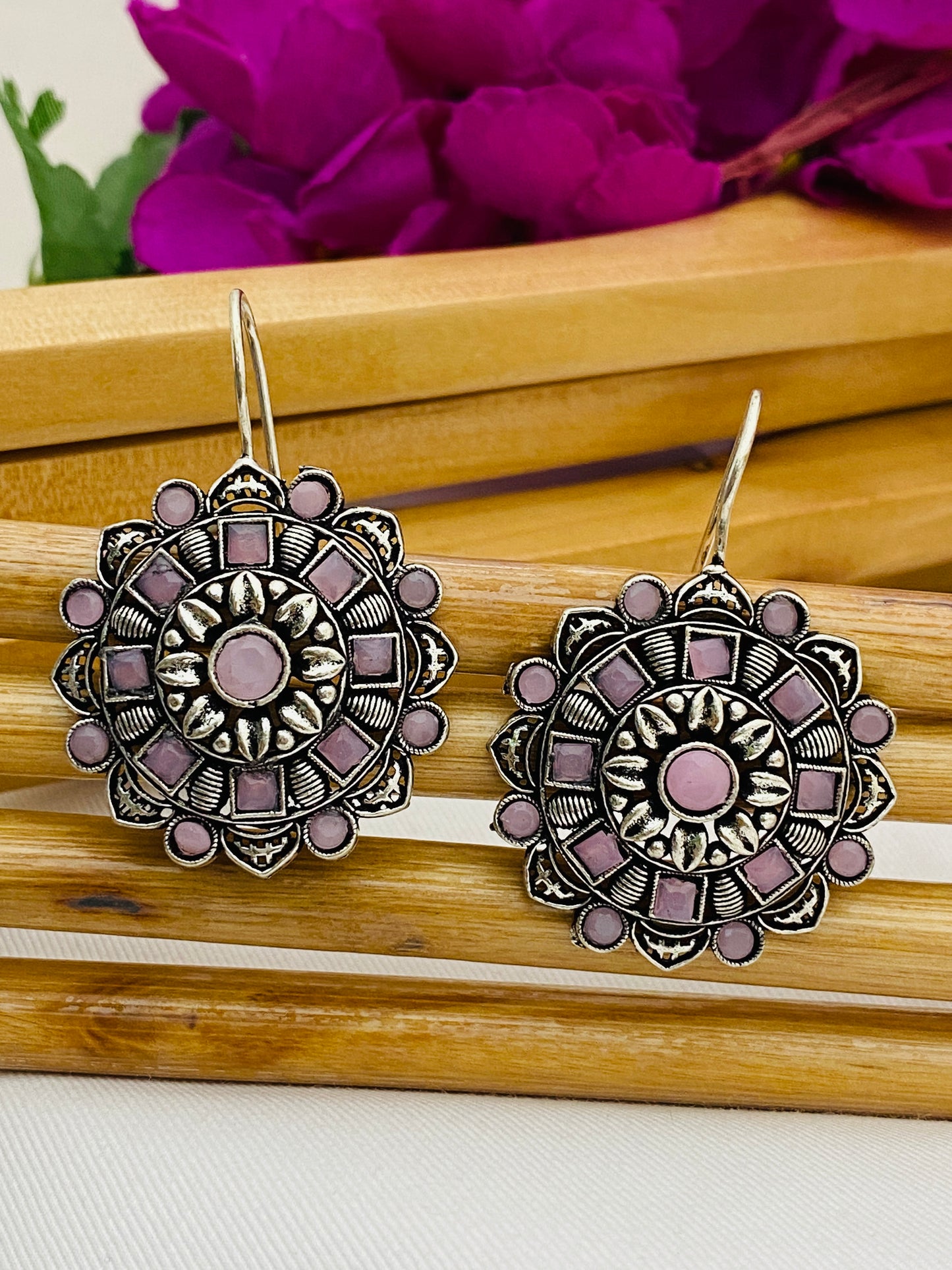 Silver Plated Floral Charm Dangle Hook Earrings in Skull Valley