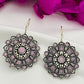 Attractive Pink Stone Beaded Silver Plated Floral Charm Dangle Hook Earrings