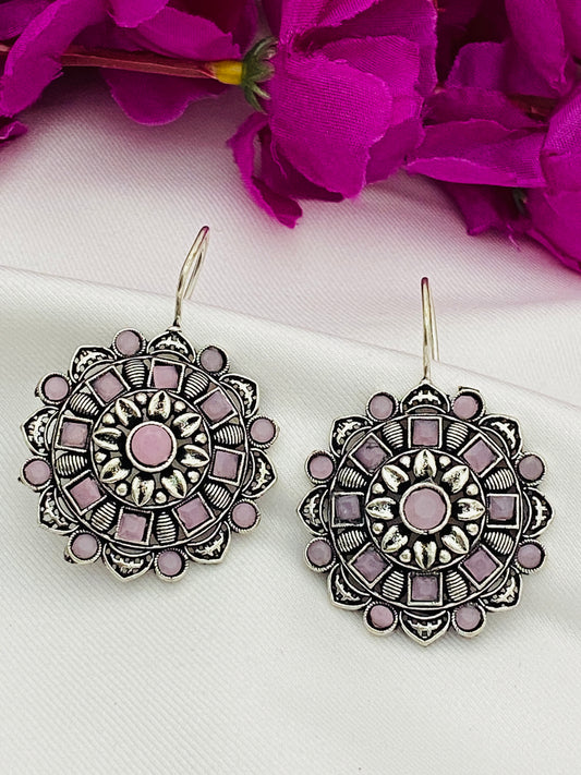 Attractive Pink Stone Beaded Silver Plated Floral Charm Dangle Hook Earrings