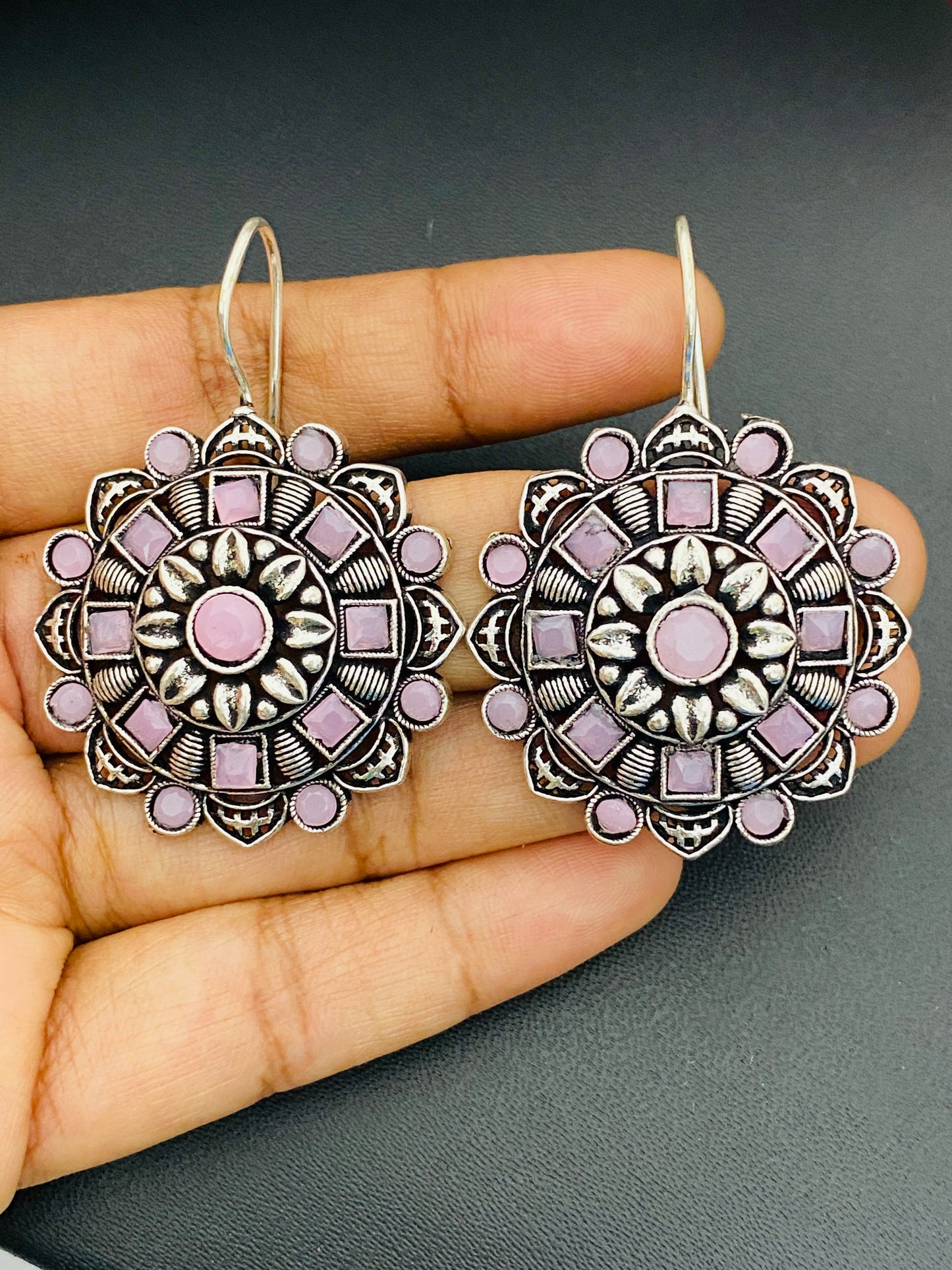 Pink Stone Beaded Silver Plated Floral Charm Dangle Hook Earrings Near Me