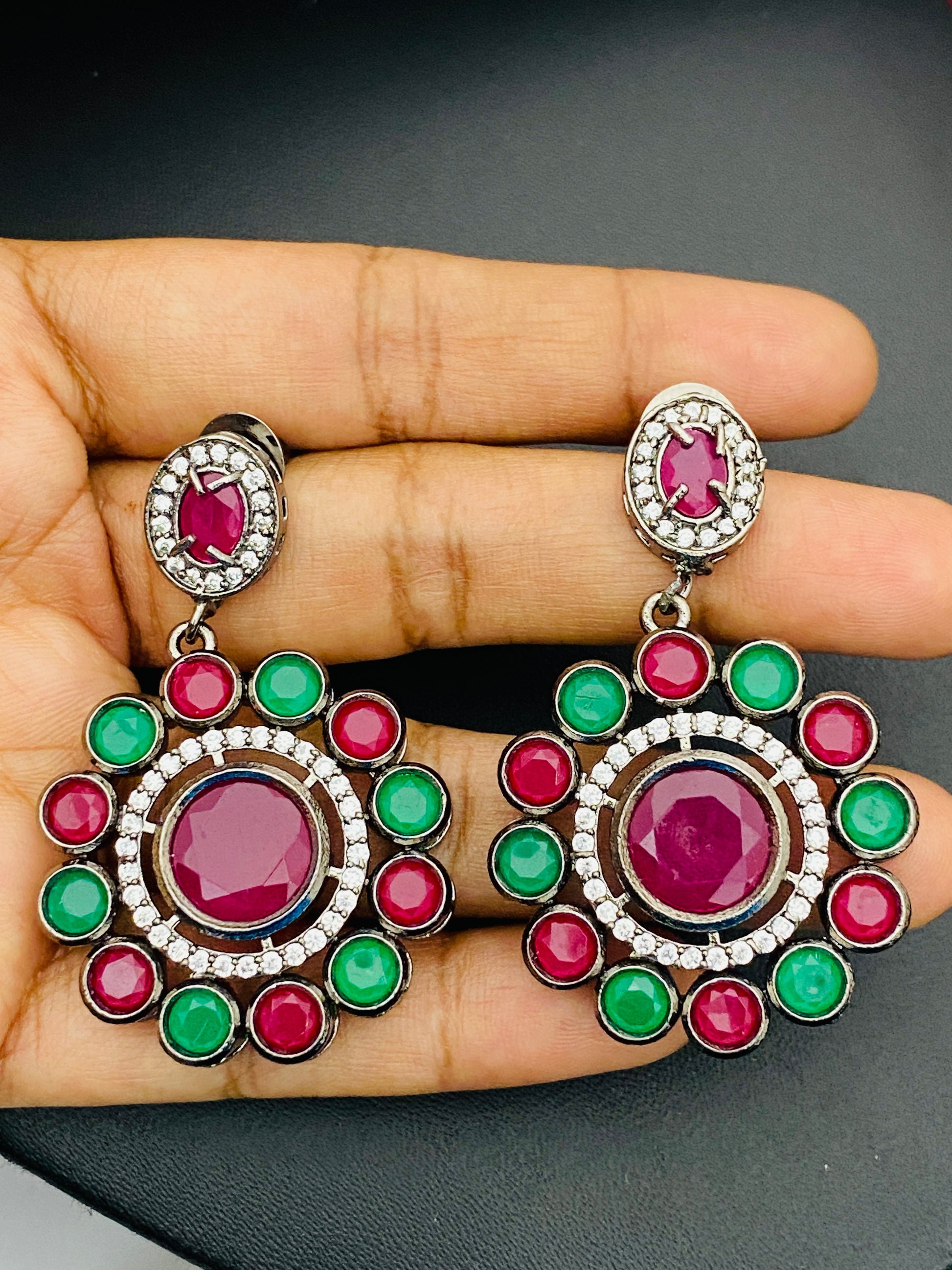  Emerald And Ruby Stone Studded Floral Design German Silver Plated Dangle Earrings Near Me