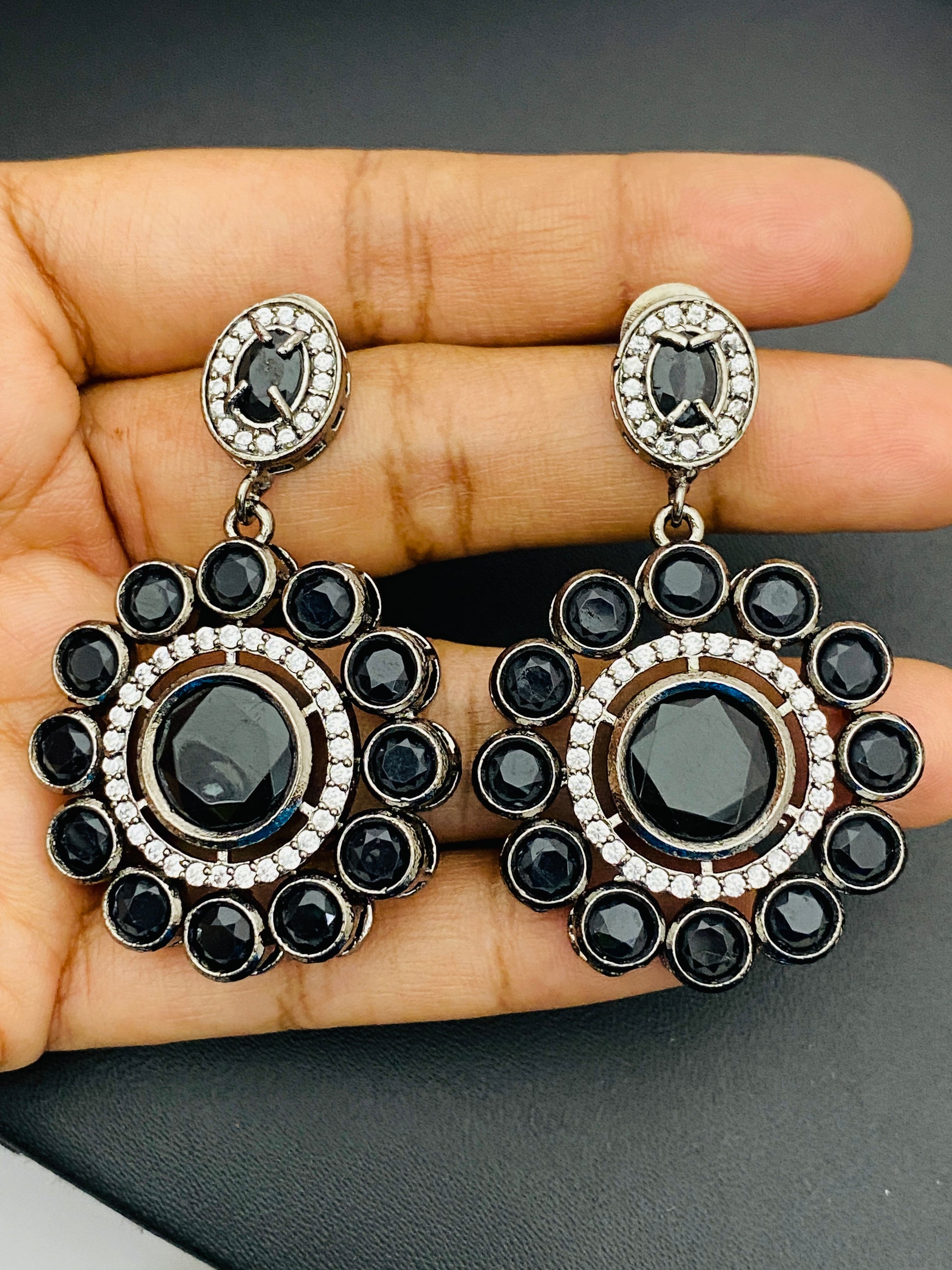 Black Round Stone Beaded Floral Designed Silver Plated Oxidized Dangler Earrings Near Me