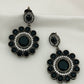 Lovely Black Round Stone Beaded Floral Designed Silver Plated Oxidized Dangler Earrings