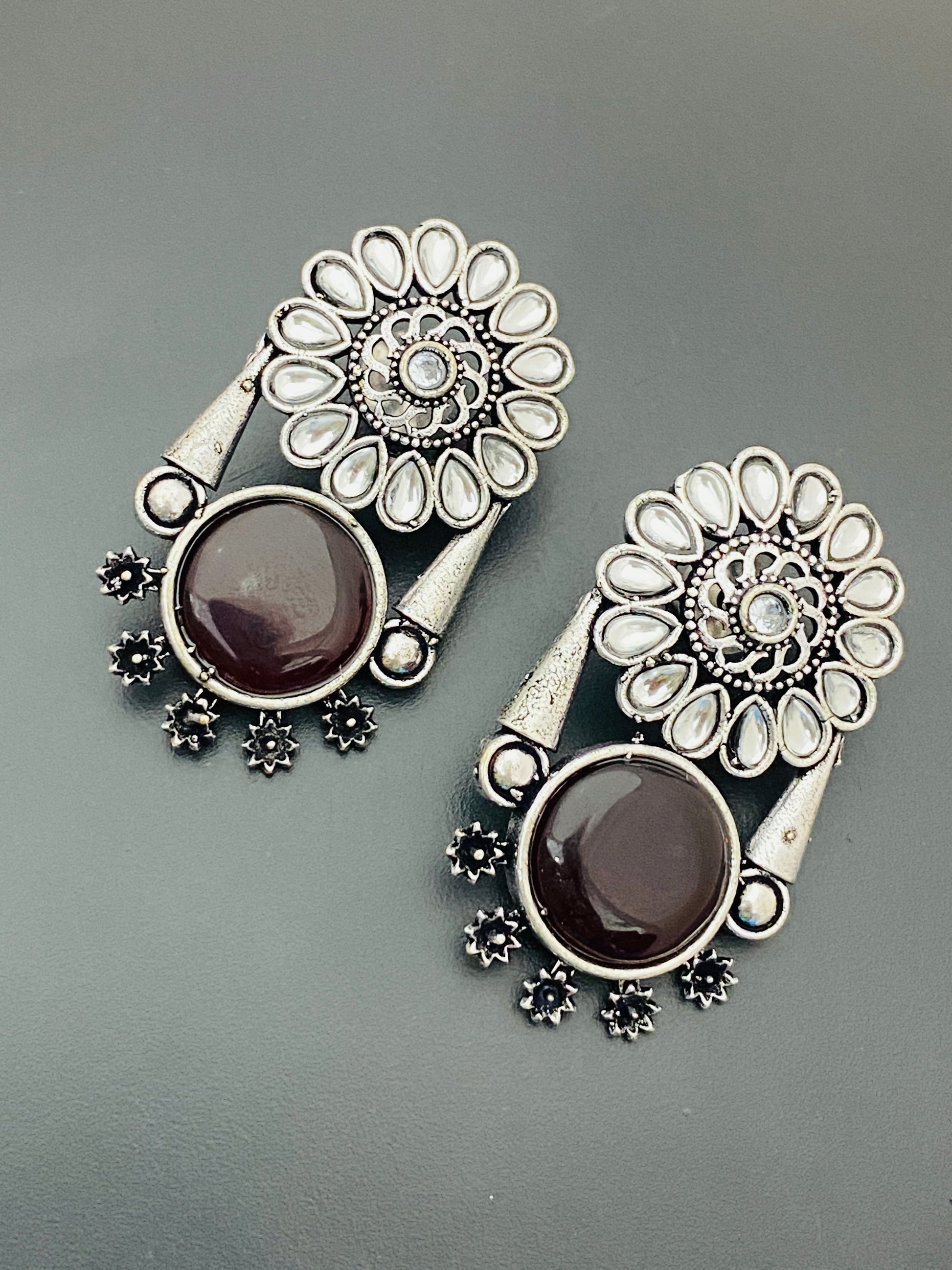 Maroon Color Oxidized Floral Earrings in USA