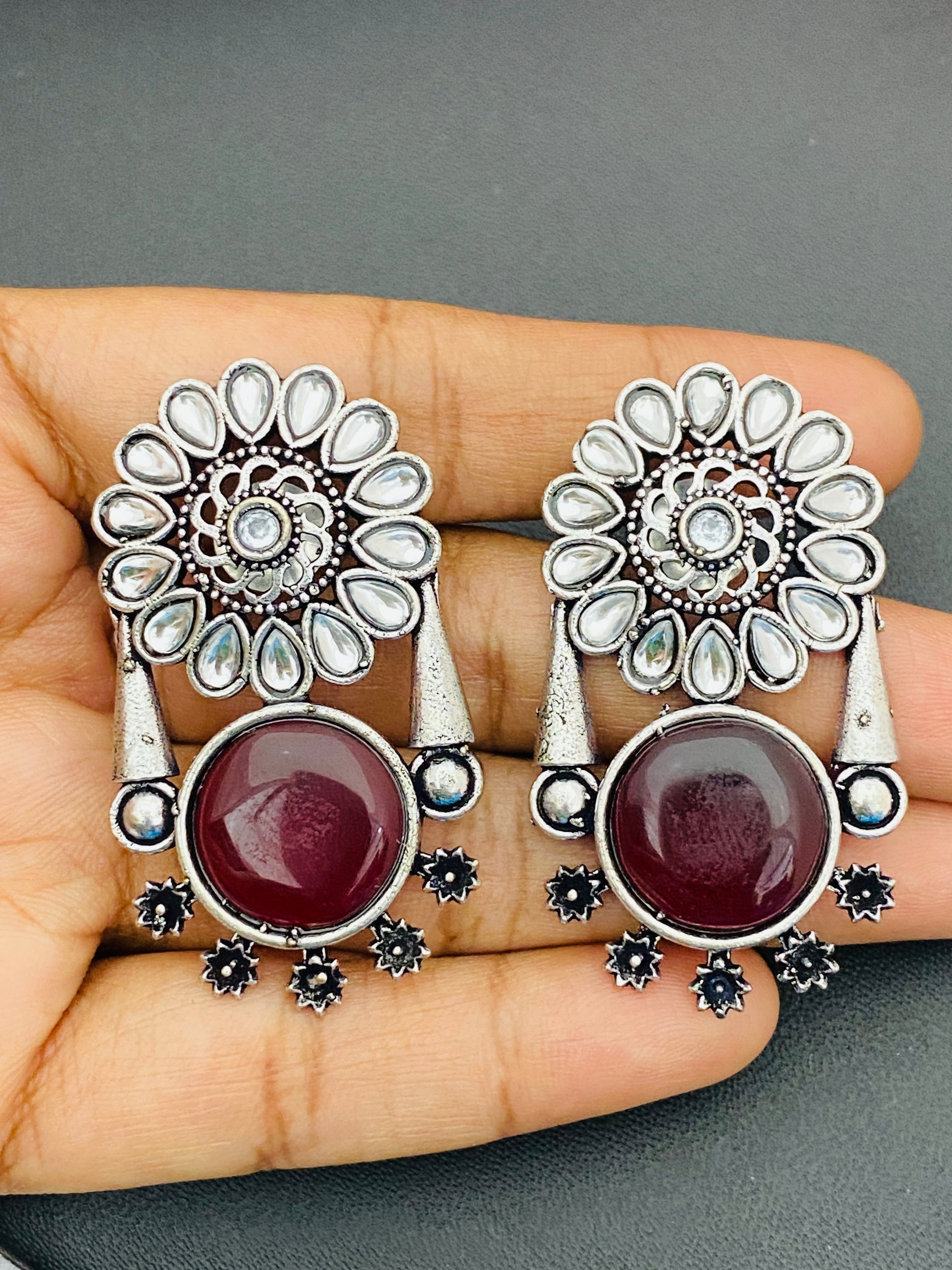 Maroon Color Oxidized Floral And Round Designed Earrings Near Me