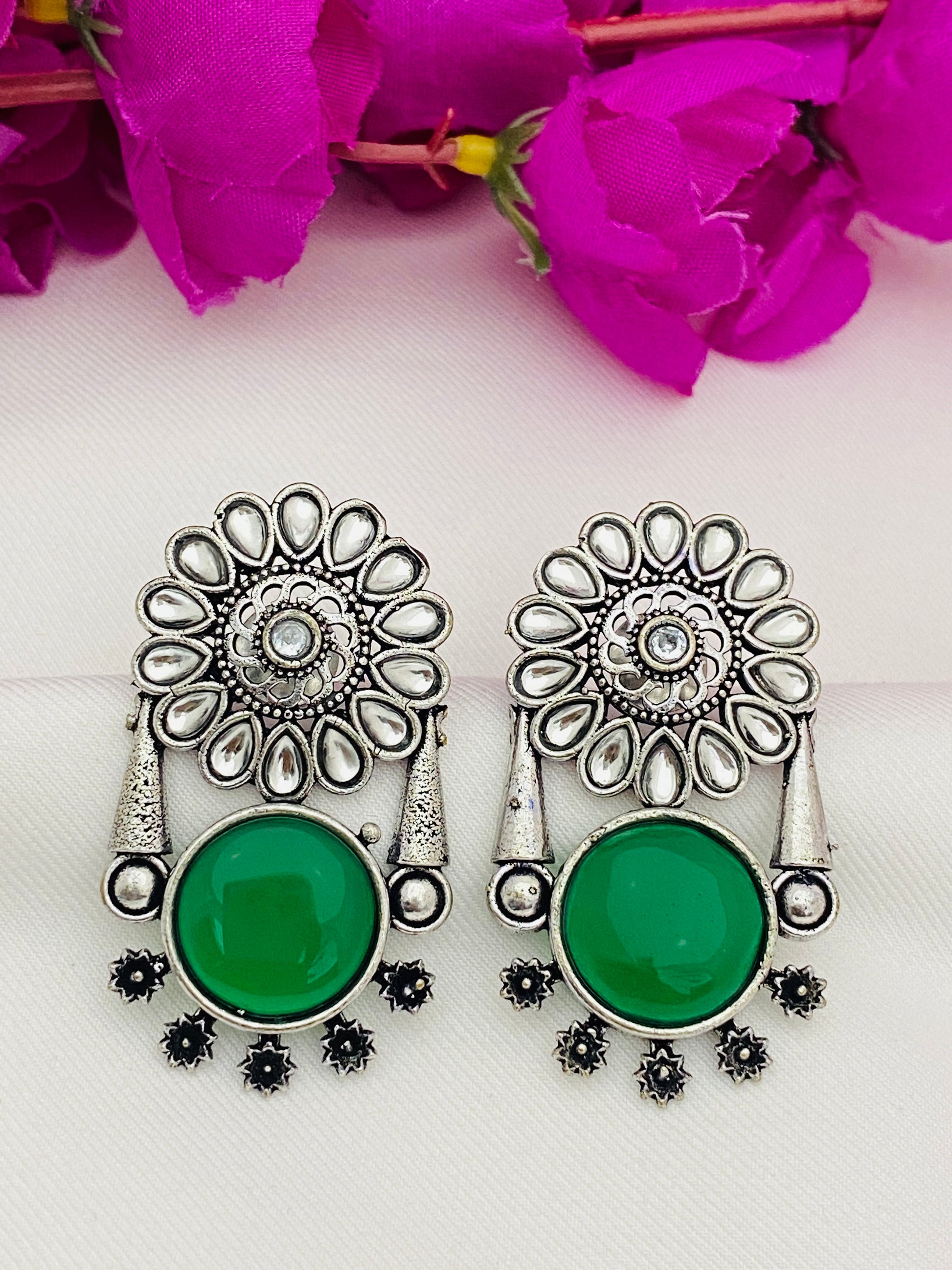 Appealing Green Color Silver - Toned Oxidized Earrings