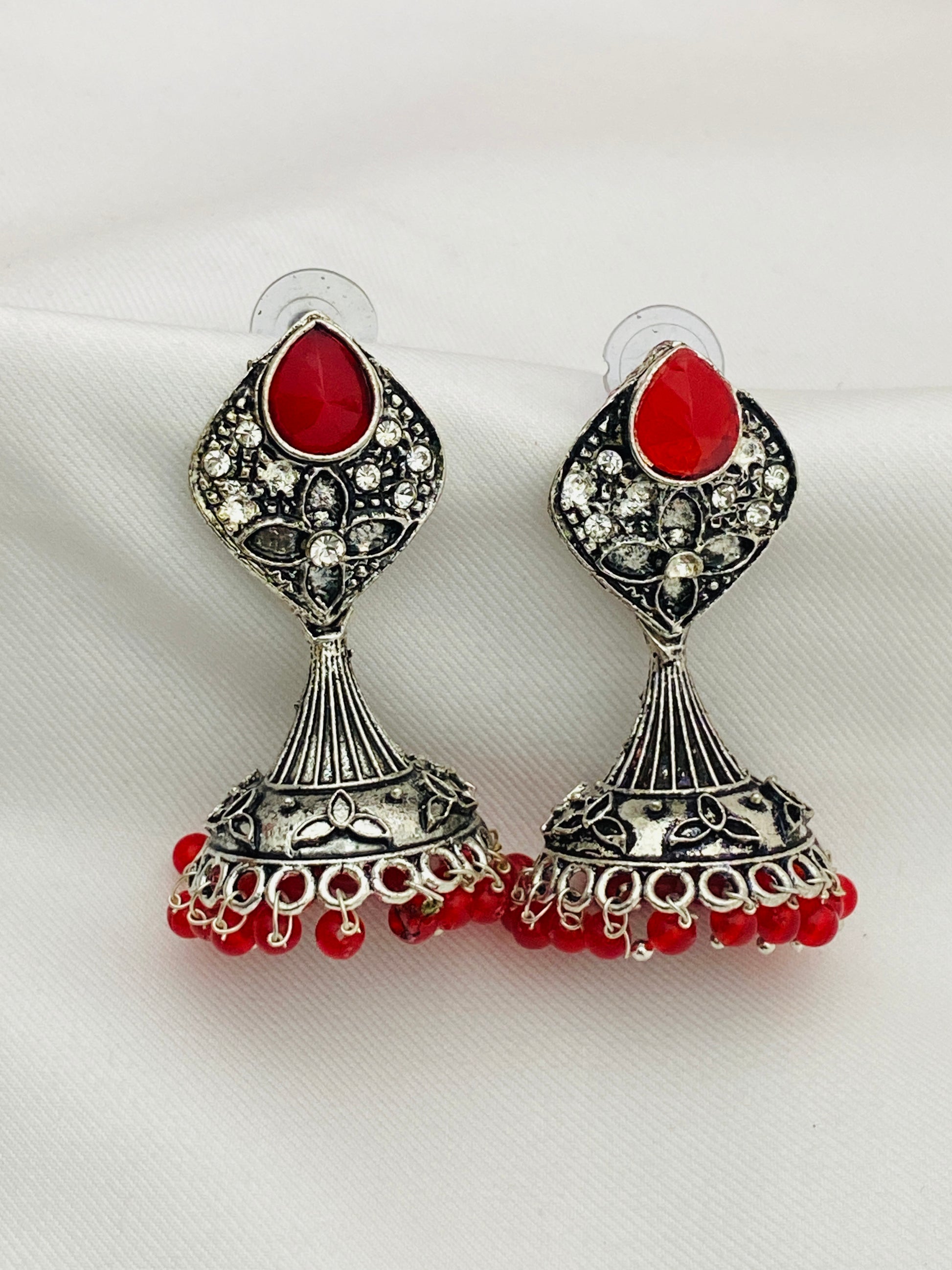 Red Stone Studded Floral Design German Silver Plated Oxidized Jhumka Earrings Near Me