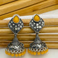 Yellow Color Stone Beaded Flower Designer Silver Toned Oxidized Jhumka Earrings in Williams