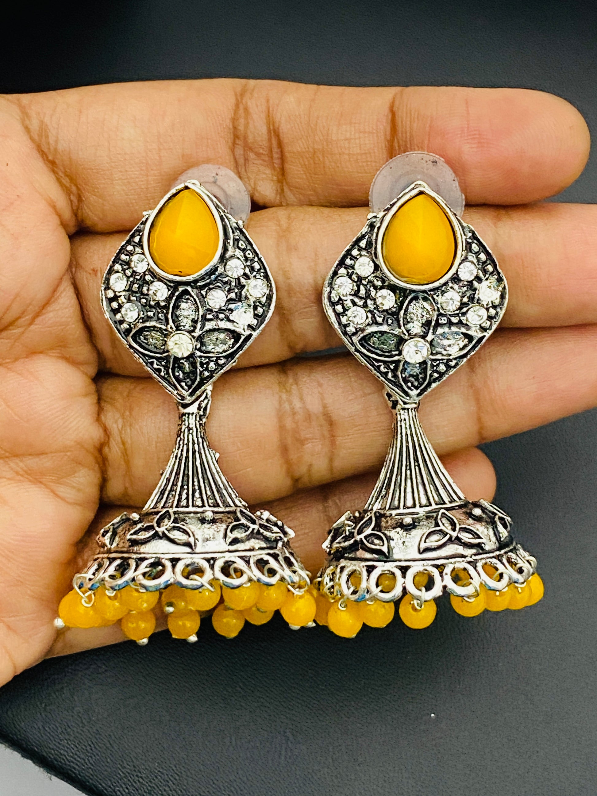 Silver Toned Oxidized Jhumka Earrings With Beads Near Me