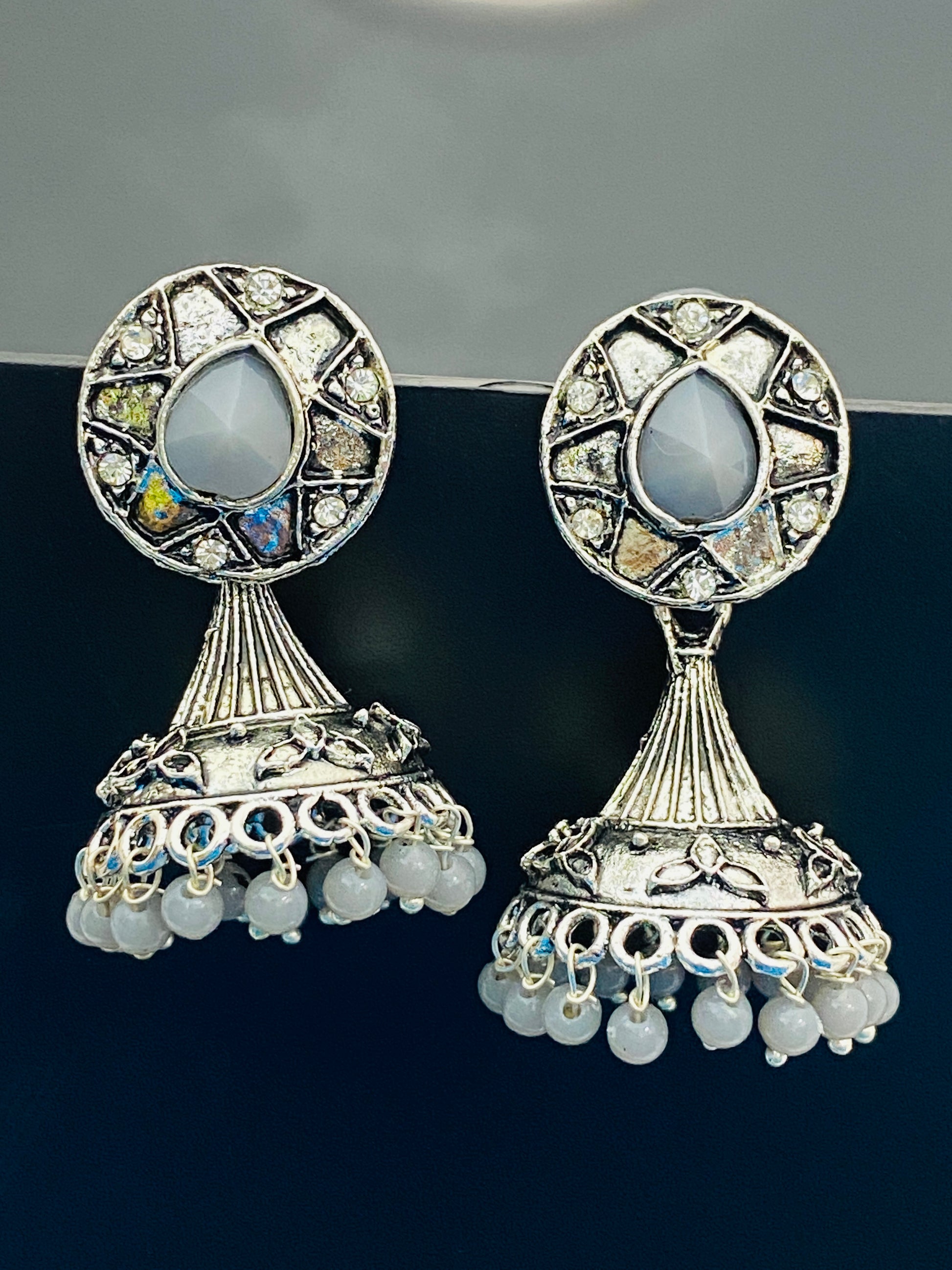  Oxidized Ethnic Jhumka Earrings With Pearl Beads in USA