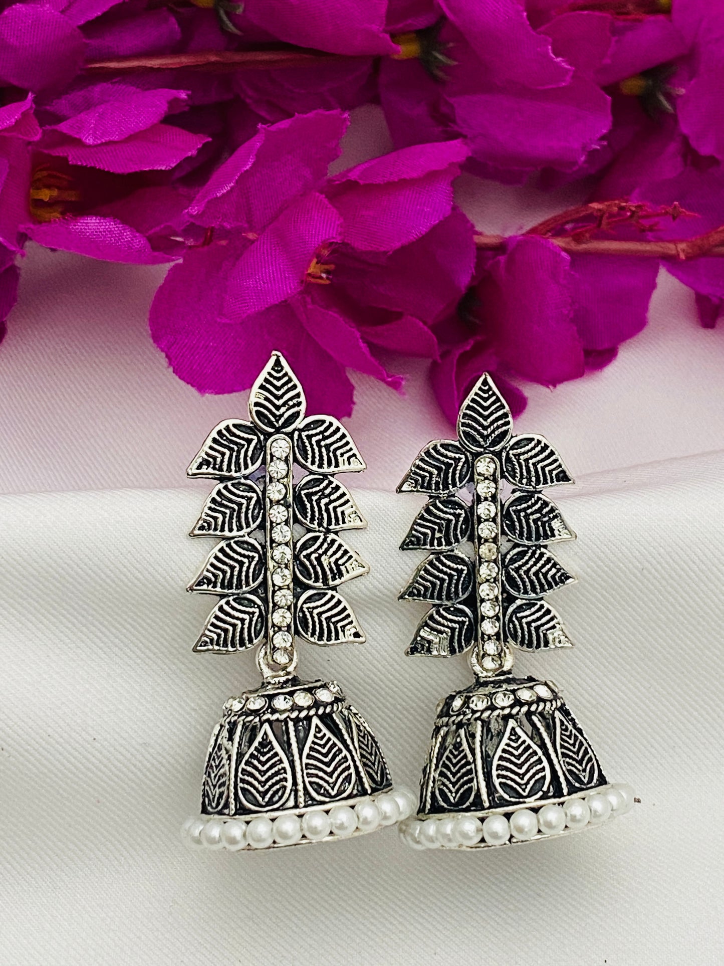 Traditional Leaf Designed German Silver Plated Oxidized Earrings With Pearl Beads