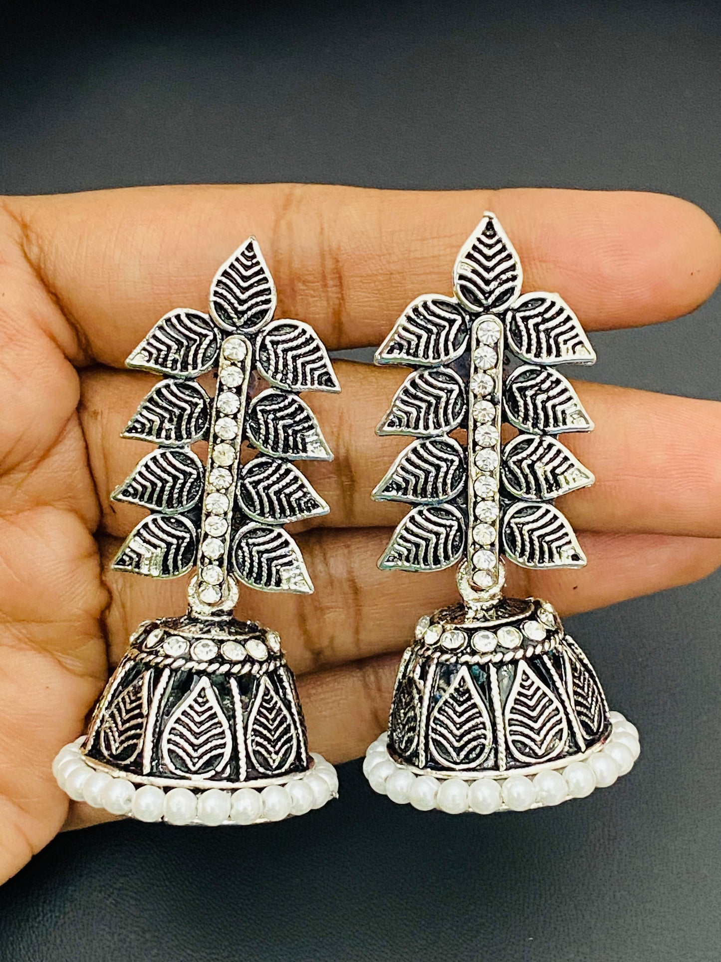  Leaf Designed German Silver Plated Oxidized Earrings Near Me