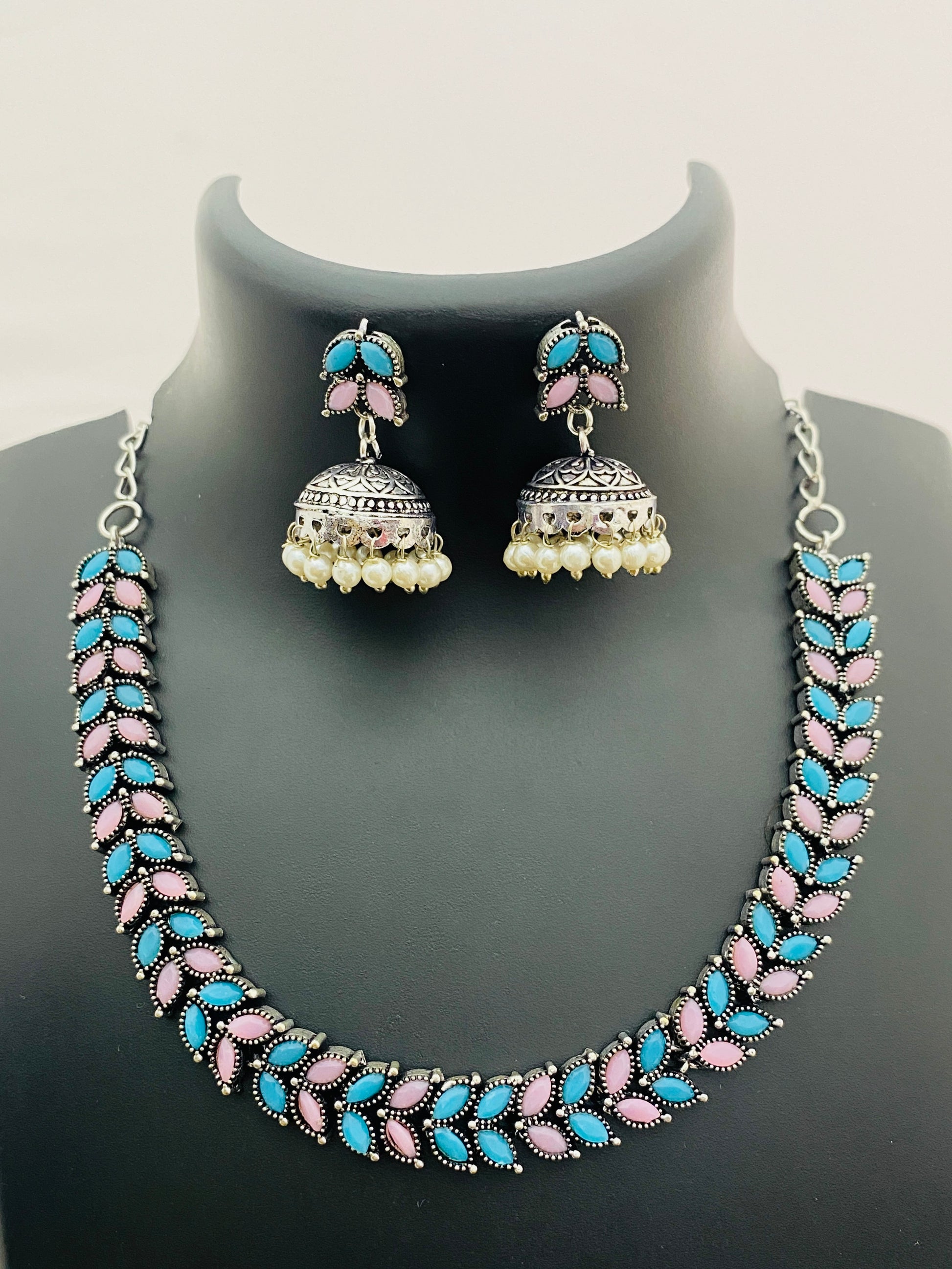 German Silver Plated Oxidized Choker Set With Jhumkas in Suncity